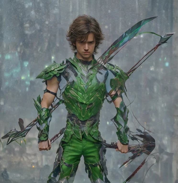 (ultra realistic,32k, masterpiece:1.2, UHD),(high detailed skin:1.1),( high quality:1.1), 1 boy, brown short raw cut hairs, brown eyes, green techno fantasy armor, cyberpunk, techno fantasy bow with ((energy bow arch)),((energy arrows)), caucasian race, light decourations, 18 years old
