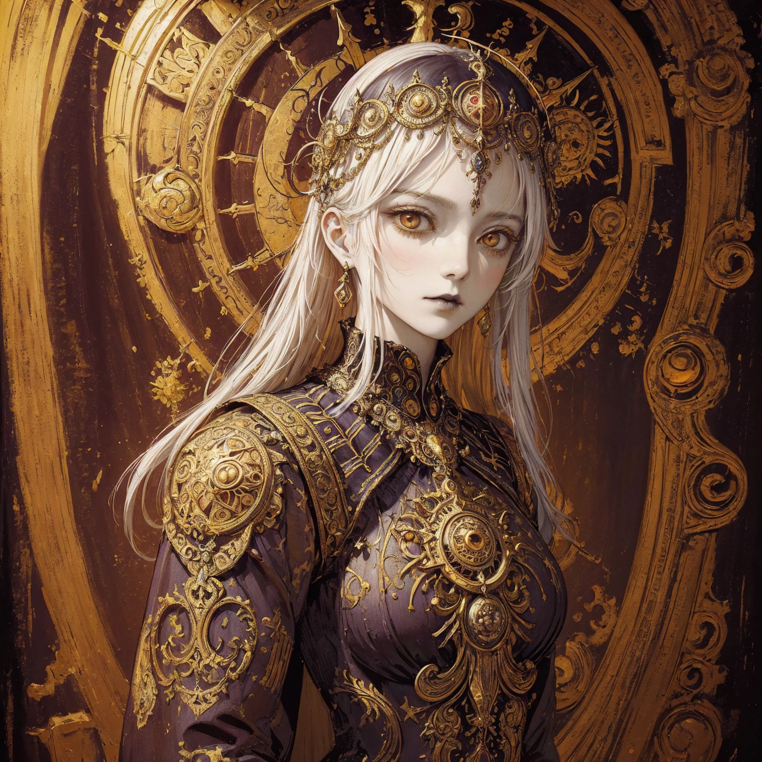 Art of a Woman Wearing a Sun Crown, (((Occult art))), Very detailed goddess ancient art, Sacredness. Very detailed, Mysterious inspiration, Inspiration from the Sun God, (Faded pictures :1.2), Snob face, Full body portrait, (Gothic art style, Weird art style :1.3), faded colors