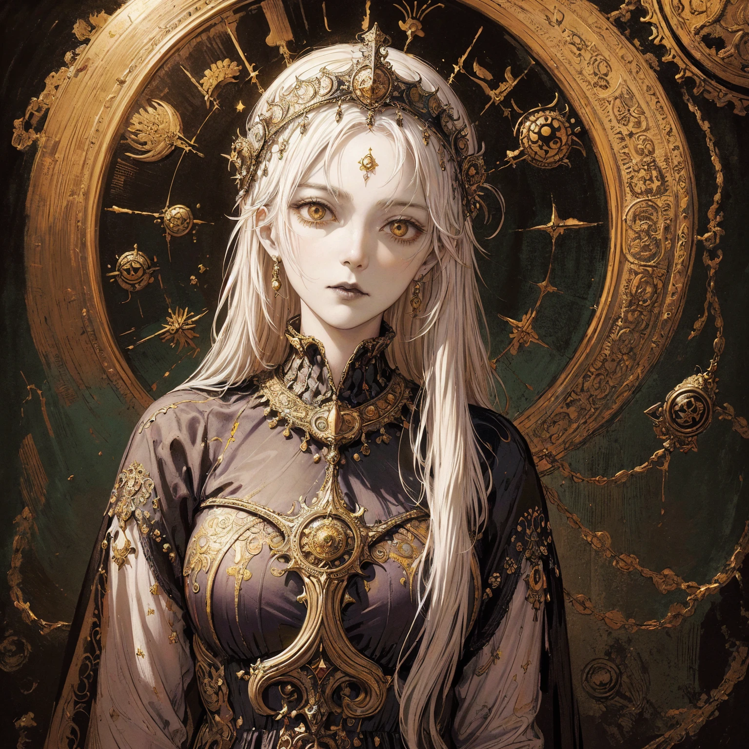 Art of a Woman Wearing a Sun Crown, (((Occult art))), Very detailed goddess ancient art, Sacredness. Very detailed, Mysterious inspiration, Inspiration from the Sun God, (Faded pictures :1.2), Snob face, Full body portrait, (Gothic art style, Weird art style :1.3), faded colors