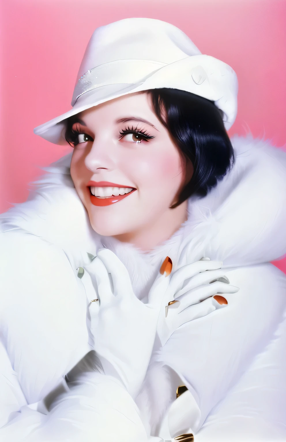 arafed woman in a white fur coat and hat smiling, judy garland, promo image, flapper, lily allen, photographed on colour film, mary louise brooks, promo art, promo shot, photo from a promo shoot, a portrait of lana del rey, promotional picture, glamour shot, portrait sabrina lloyd, bjork smiling, 1982