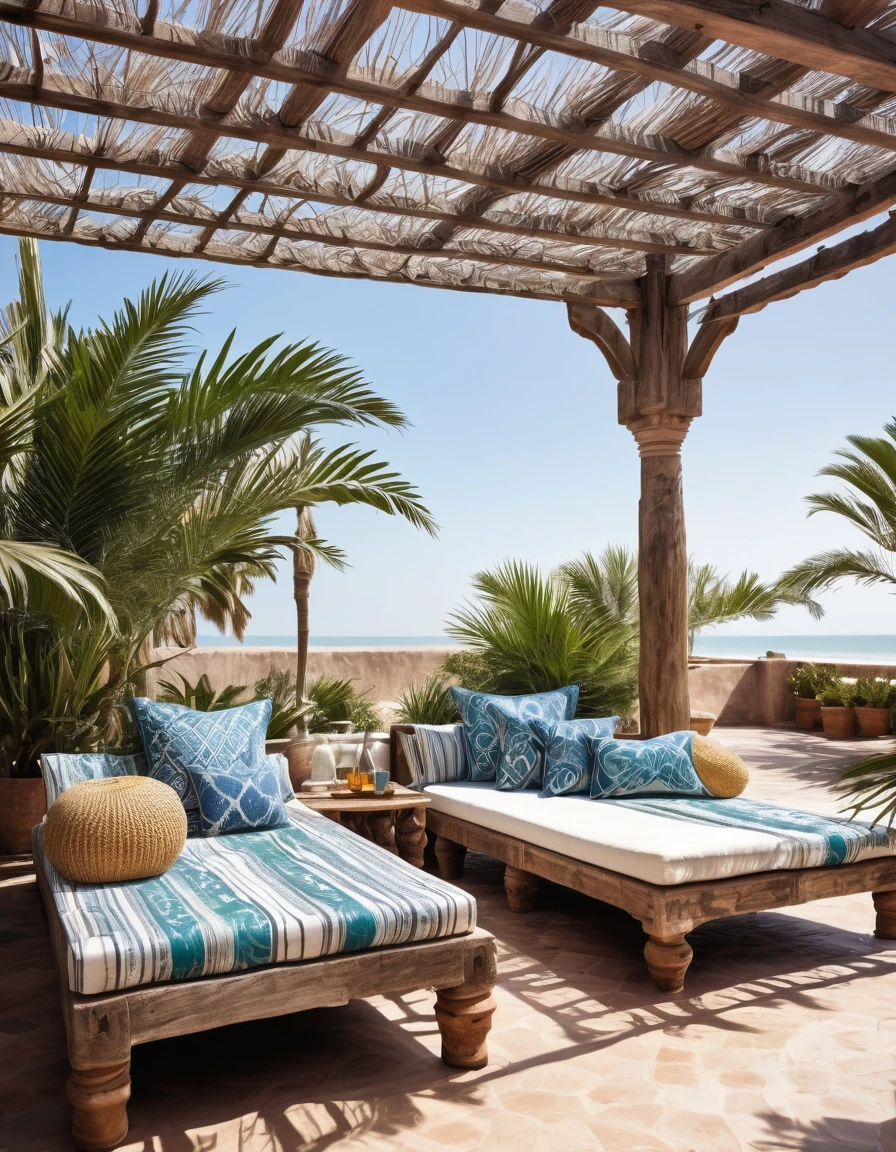 rustic-style outdoor lounge with pergola , beach house with a deck morocco authentic. style textiles , palm trees