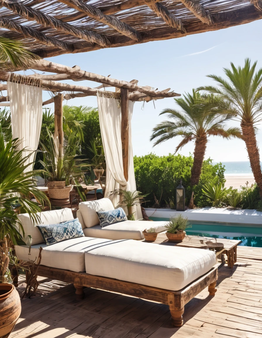 rustic-style outdoor lounge with pergola , beach house with a deck morocco authentic. style textiles , palm trees