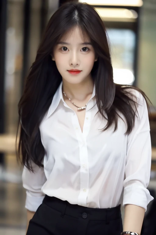 ((best quality)), ((masterpiece)), (detailed), 1girl , beautiful straight black long hair , seductive gaze , perfect body , standing position , sexy poses , unbutton white collar shirts  , luxury necklace , luxury bracelets , office background , 