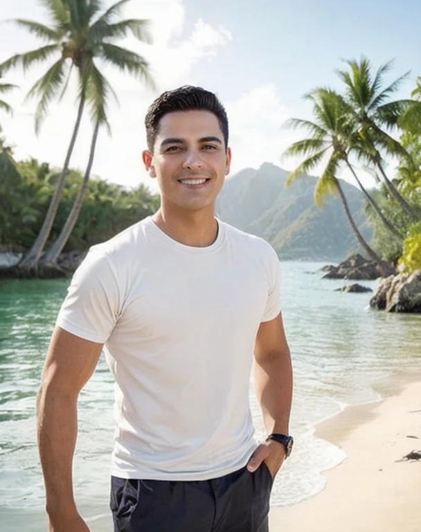 arafed man standing on a beach There is a palm tree in the back.ground, A thin man with light tan skin., David Marquez, Rick Dai, Relaxing on the beach with the sea, Andrew Gonzalez, Inspired by Robbie Trevino, There is a palm tree in the back., At a tropical beach, Inspired by Adam Dario Kiel, Damian Tran, Headshot profile picture, Heaven in the background