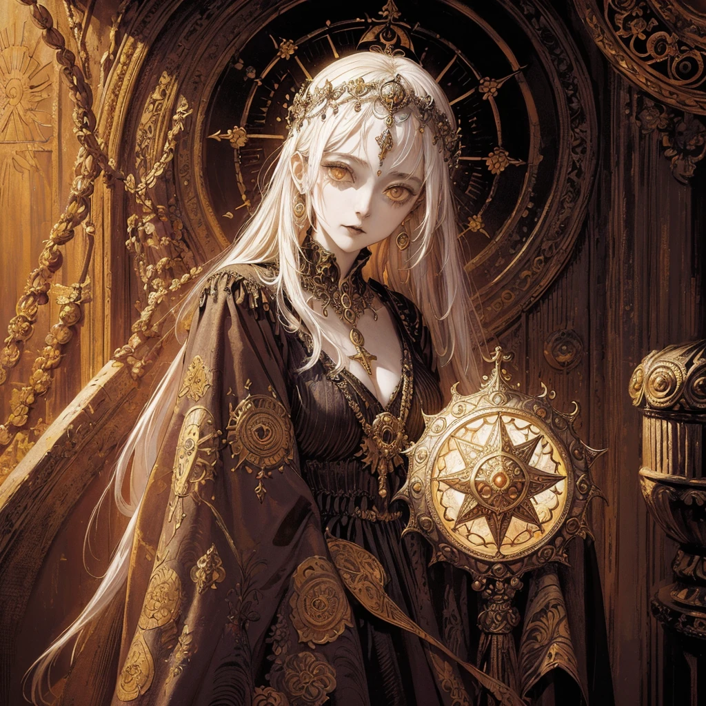 Art of a Woman Wearing a Sun Crown, (((Occult art))), Very detailed goddess ancient art, Sacredness. Very detailed, Mysterious inspiration, Inspiration from the Sun God, (Faded pictures :1.2), Snob face, Full body portrait, (Gothic art style, Weird art style :1.3), faded colors