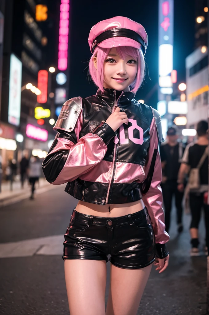 サイバーpunk、1 female、wild、black、Erotic、sexy、metal、silvery white、shocking pink、copper、Armor、hat、goggles、punk、Future、Neon city at night、Extremely beautiful、short hair、Moe、smile、cute、Futureなブーツ、Healthy legs、Healthy Body、sexyな衣装、