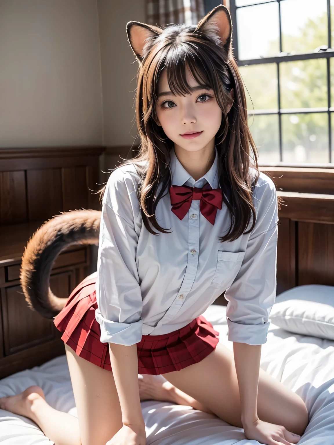 ((highest quality, 32k)), ((masterpiece)), (Familiar), Perfect Face, School Girl, pretty girl, On the bed, Has a tail, She has a red fox tail., She stands up her fluffy tail, Beautiful hip line, Small breasts, She is wearing a cute uniform, A large tail sticks out, Climbing on all fours, Slender body, She looks shyly at her tail, Her tail pushes up her skirt to reveal her white panties, A red fox tail protrudes from the hem of her skirt., Embarrassed face