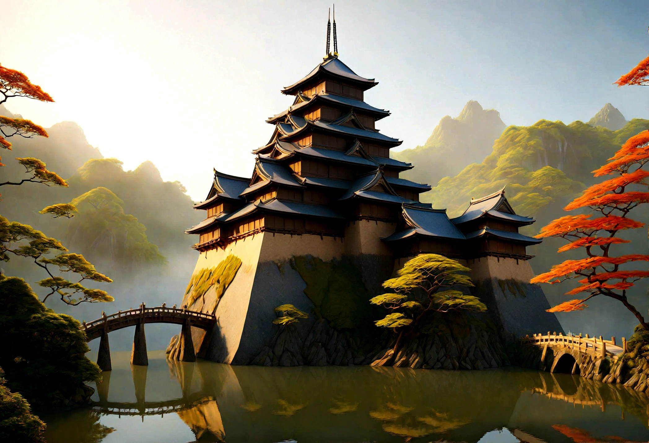 an award winning picture, National Geographic style, Arafed, magnificent artistic picture of a (Japanese medieval castle: 1.4) (masterpiece, best detailed: 1.4)on a mountain range near a lake at dusk, fantasy art D&D art, castle, with towers, turrets, barbican, it is dusk time, the sun is going down, and there are stars in the skies, the last rays of sun, there is a ((bridge lit by torches: 1.4)) crossing to the other side, the castle is being reflected in the water, mist rising from the water, fantasy forest background, ultra best realistic, best details, 16k, [ultra detailed], masterpiece, best quality, (extremely detailed), photorealism, depth of field, hyper realistic painting, digital art