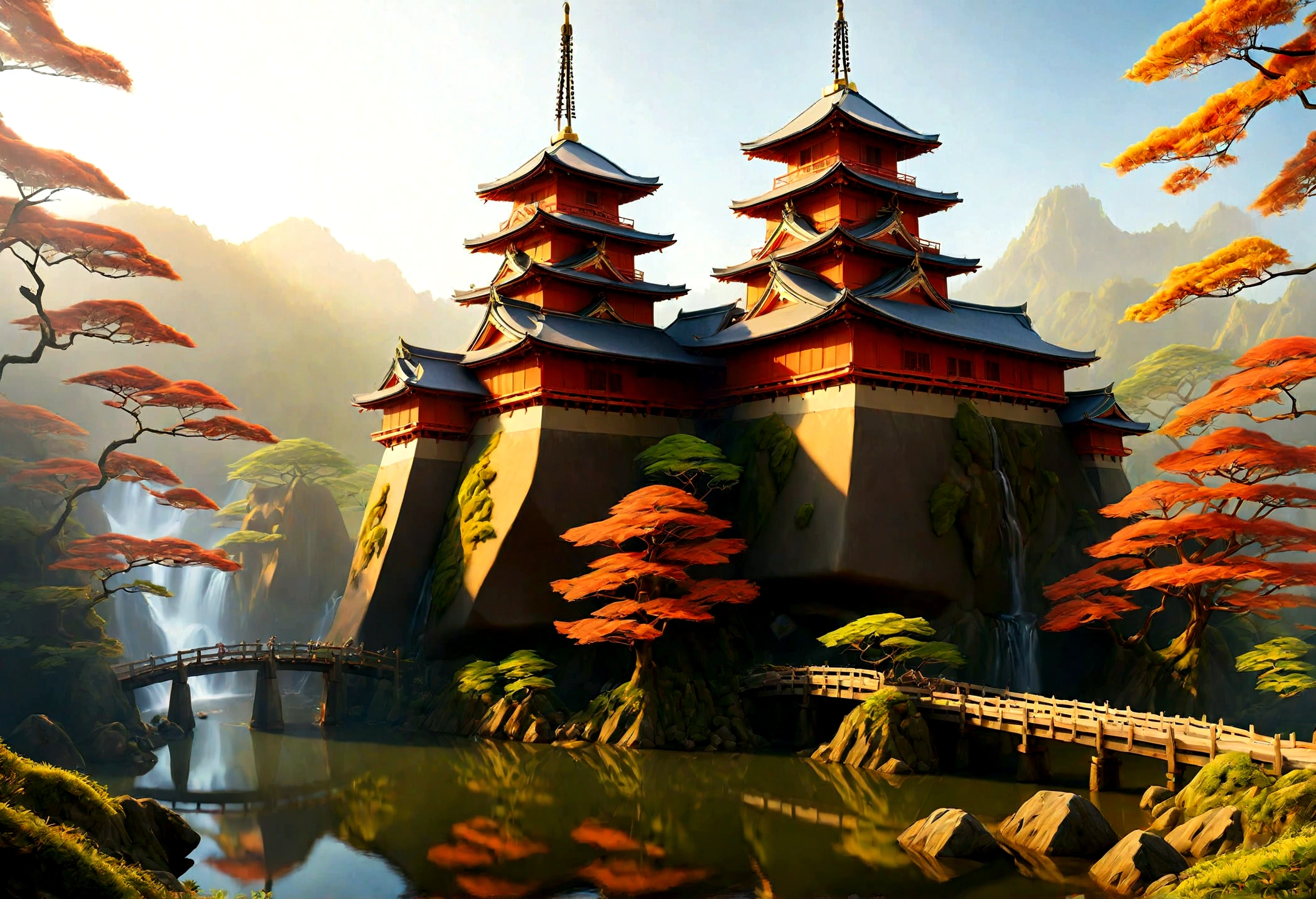 an award winning picture, National Geographic style, Arafed, magnificent artistic picture of a (Japanese medieval castle: 1.4) (masterpiece, best detailed: 1.4)on a mountain range near a lake at dusk, fantasy art D&D art, castle, with towers, turrets, barbican, it is dusk time, the sun is going down, and there are stars in the skies, the last rays of sun, there is a ((bridge lit by torches: 1.4)) crossing to the other side, the castle is being reflected in the water, mist rising from the water, fantasy forest background, ultra best realistic, best details, 16k, [ultra detailed], masterpiece, best quality, (extremely detailed), photorealism, depth of field, hyper realistic painting, digital art