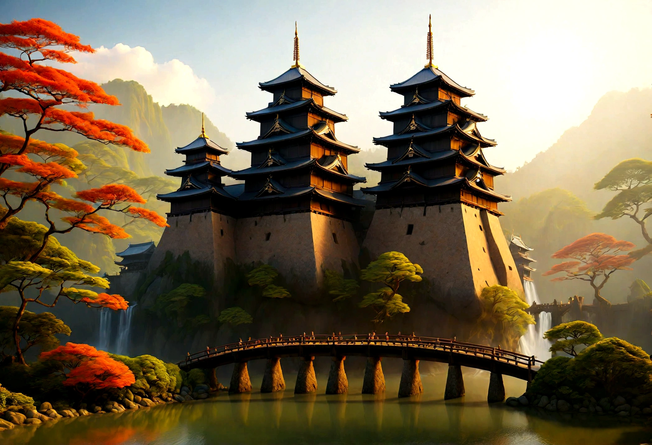 an award winning picture, National Geographic style, Arafed, magnificent artistic picture of a (Japanese medieval castle: 1.4) (masterpiece, best detailed: 1.4)on a mountain range near a lake at dusk, fantasy art D&D art, castle, with towers, turrets, barbican, it is dusk time, the sun is going down, and there are stars in the skies, the last rays of sun, there is a ((bridge lit by torches: 1.4)) crossing to the other side, the castle is being reflected in the water, mist rising from the water, fantasy forest background, ultra best realistic, best details, 16k, [ultra detailed], masterpiece, best quality, (extremely detailed), photorealism, depth of field, hyper realistic painting, digital art