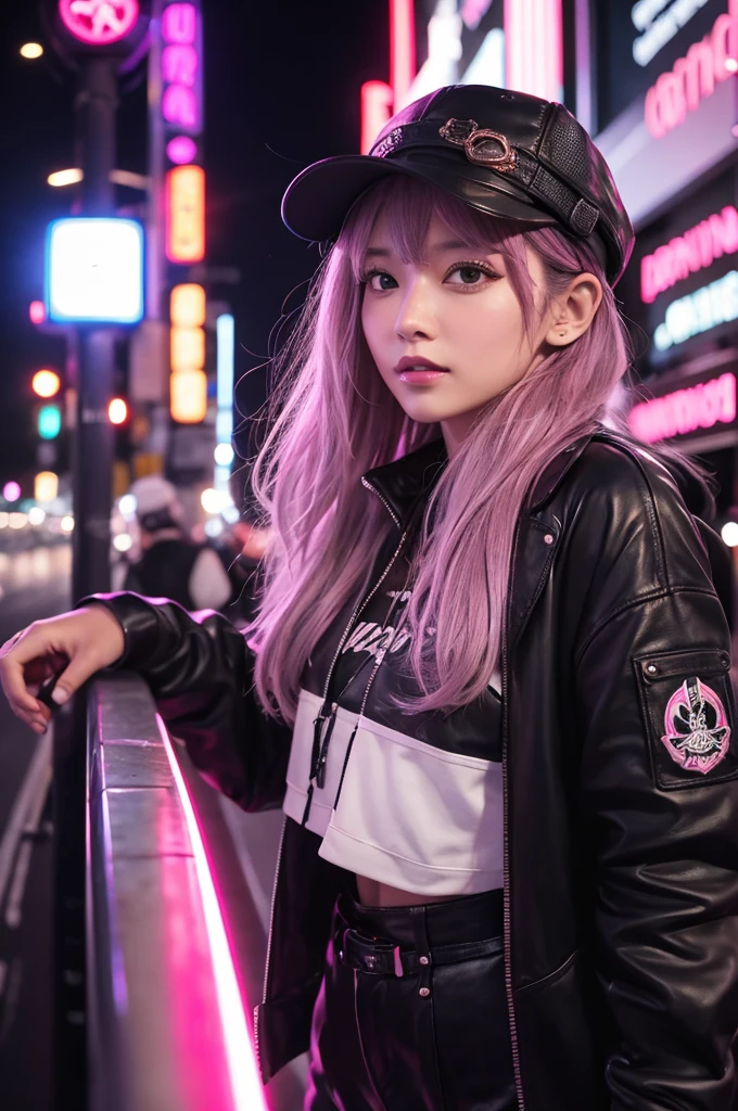 サイバーpunk、woman1people、wild、black、??????、sexy、metal、silvery white、shocking pink、copper、Armor、hat、goggles、punk、Future、Neon city at night