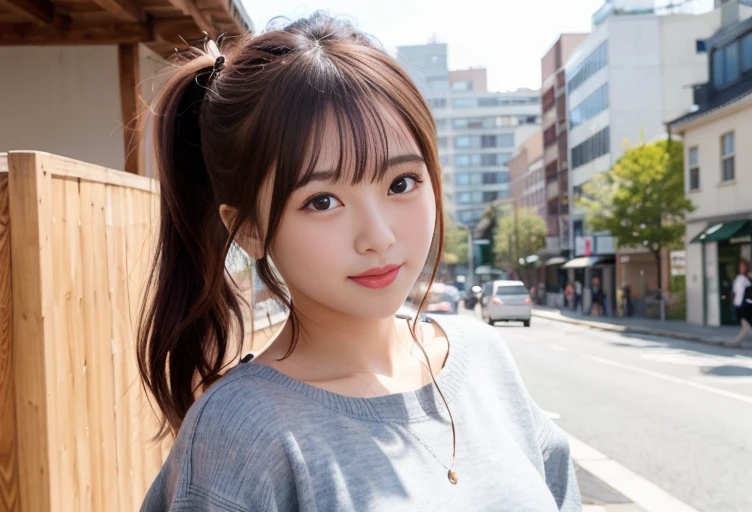 (8k、Raw photo、highest quality、masterpiece:1.2)、(Realistic、Photorealistic:1.37)、Ultra-detailed、超A high resolution、1 girl、Seeing the viewer、Beautifully detailed face、smile、(Slim waist) :1.3)、Beautifully detailed skin、Skin Texture、Floating Hair、Professional Lighting、Human whole body、Brown long hair、loosely curled hair、Street Snap、Light-colored knitwear、34 only、ponytail