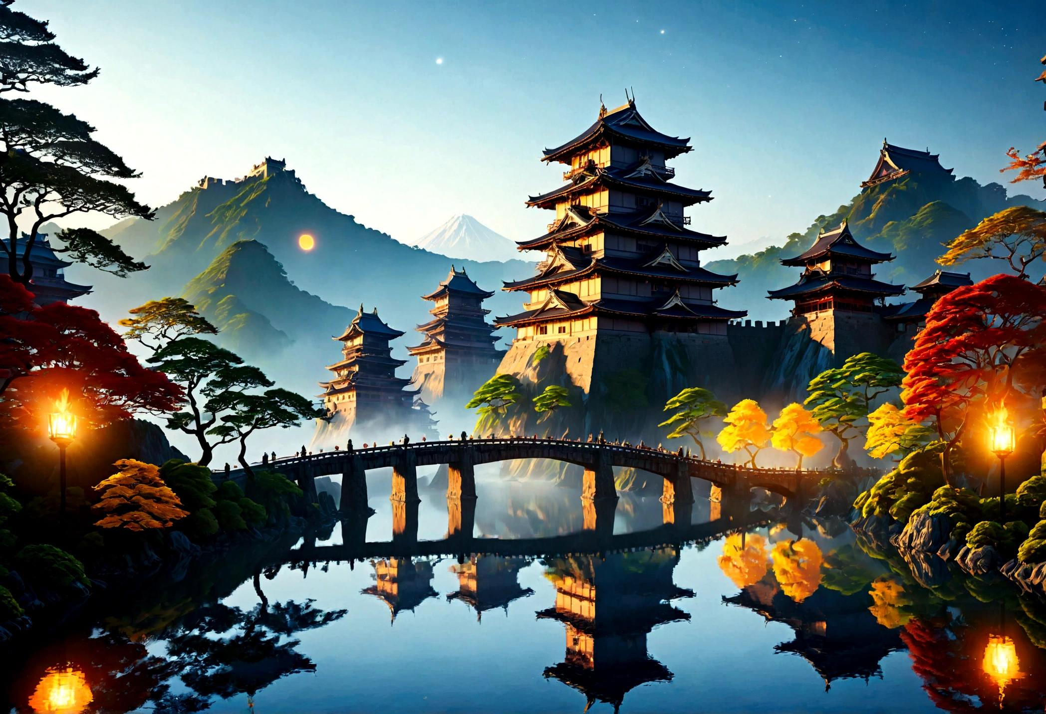 an award winning picture, National Geographic style, Arafed, magnificent artistic picture of a (Japanese medieval castle: 1.4) (masterpiece, best detailed: 1.4)on a mountain range near a lake at dusk, fantasy art D&D art, castle, with towers, turrets, barbican, it is dusk time, the sun is going down, and there are stars in the skies, the last rays of sun, there is a ((bridge lit by torches: 1.4)) crossing to the other side, the castle is being reflected in the water, mist rising from the water, fantasy forest background, ultra best realistic, best details, 16k, [ultra detailed], masterpiece, best quality, (extremely detailed), photorealism, depth of field, hyper realistic painting, digital art