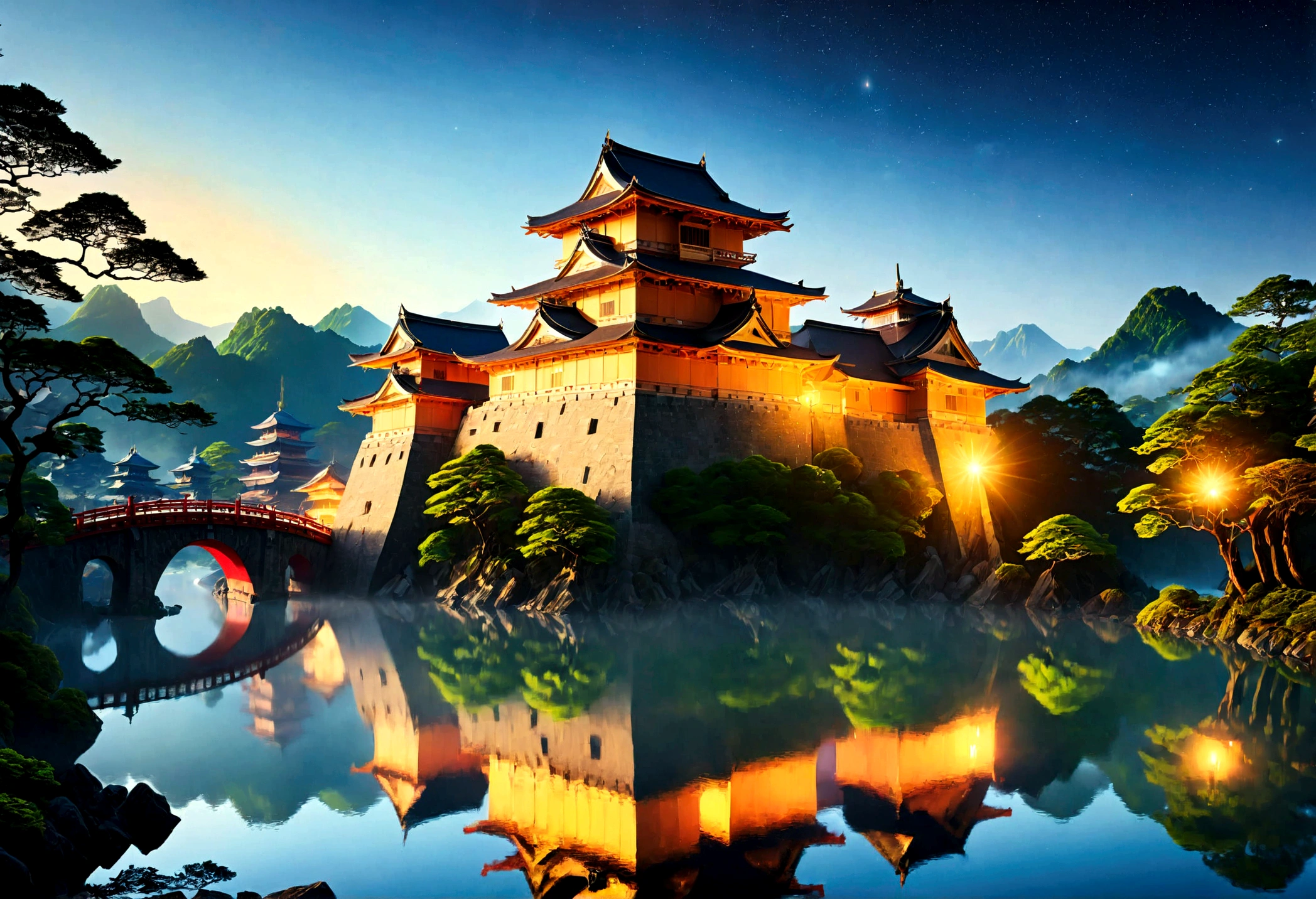 an award winning picture, National Geographic style, Arafed, magnificent artistic picture of a (Japanese medieval castle: 1.4) (masterpiece, best detailed: 1.4)on a mountain range near a lake at dusk, fantasy art D&D art, castle, with towers, turrets, barbican, it is dusk time, the sun is going down, and there are stars in the skies, the last rays of sun, there is a ((bridge lit by torches: 1.4)) crossing to the other side, the castle is being reflected in the water, mist rising from the water, fantasy forest background, ultra best realistic, best details, 16k, [ultra detailed], masterpiece, best quality, (extremely detailed), photorealism, depth of field, hyper realistic painting, digital art