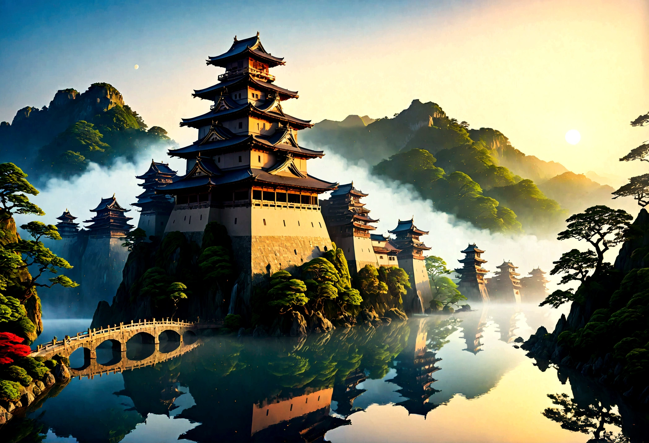 an award winning picture, National Geographic style, Arafed, magnificent artistic picture of a (Japanese medieval castle: 1.4) (masterpiece, best detailed: 1.4)on a mountain range near a lake at dusk, fantasy art D&D art, castle, with towers, turrets, barbican, it is dusk time, the sun is going down, and there are stars in the skies, the last rays of sun, there is a ((bridge lit by torches: 1.4)) crossing to the other side, the castle is being reflected in the water, mist rising from the water, fantasy forest background, ultra best realistic, best details, 16k, [ultra detailed], masterpiece, best quality, (extremely detailed), photorealism, depth of field, hyper realistic painting, digital art