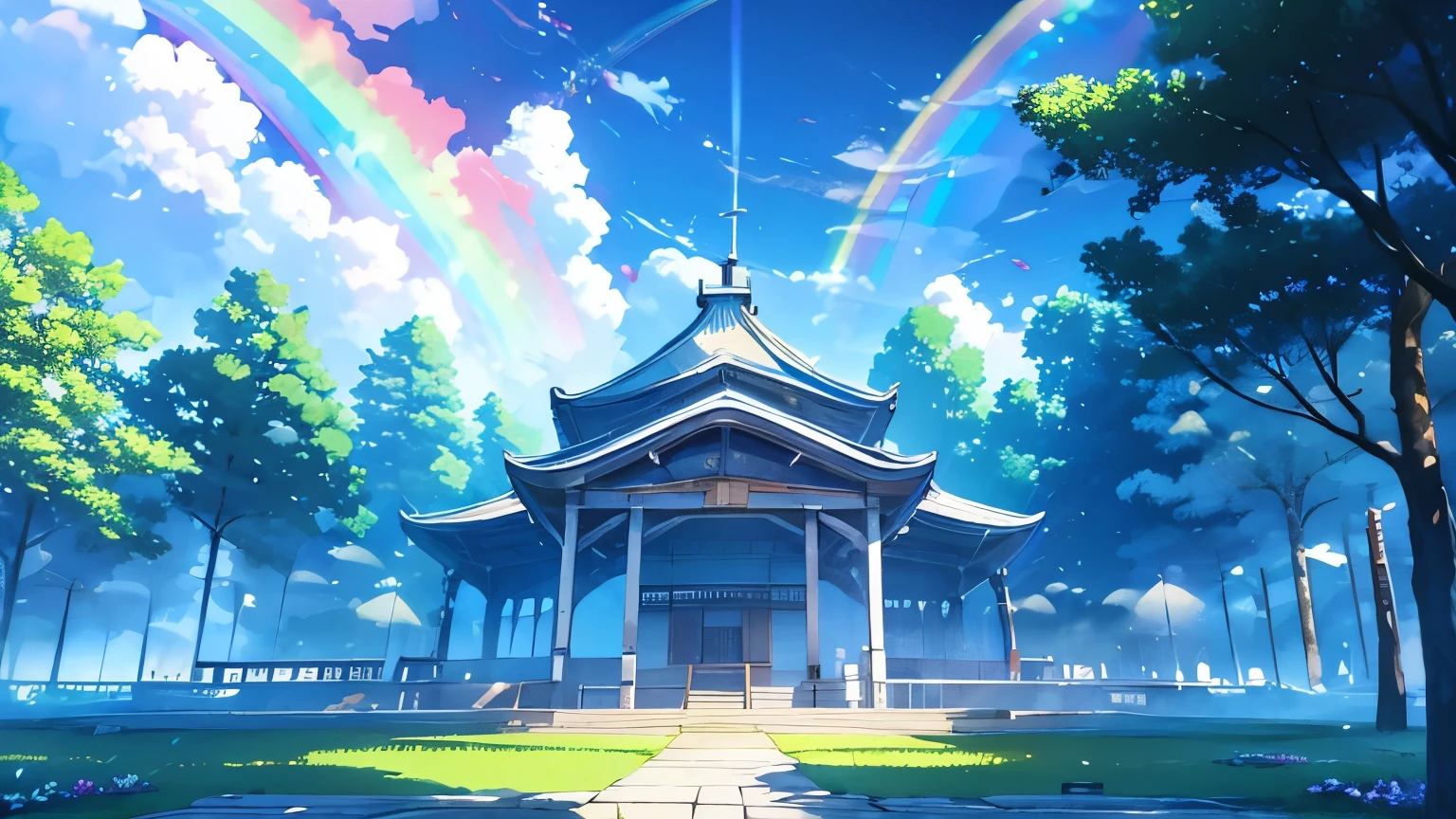 1There is a museum with white eaves.,A rainbow hangs over the vast forest,