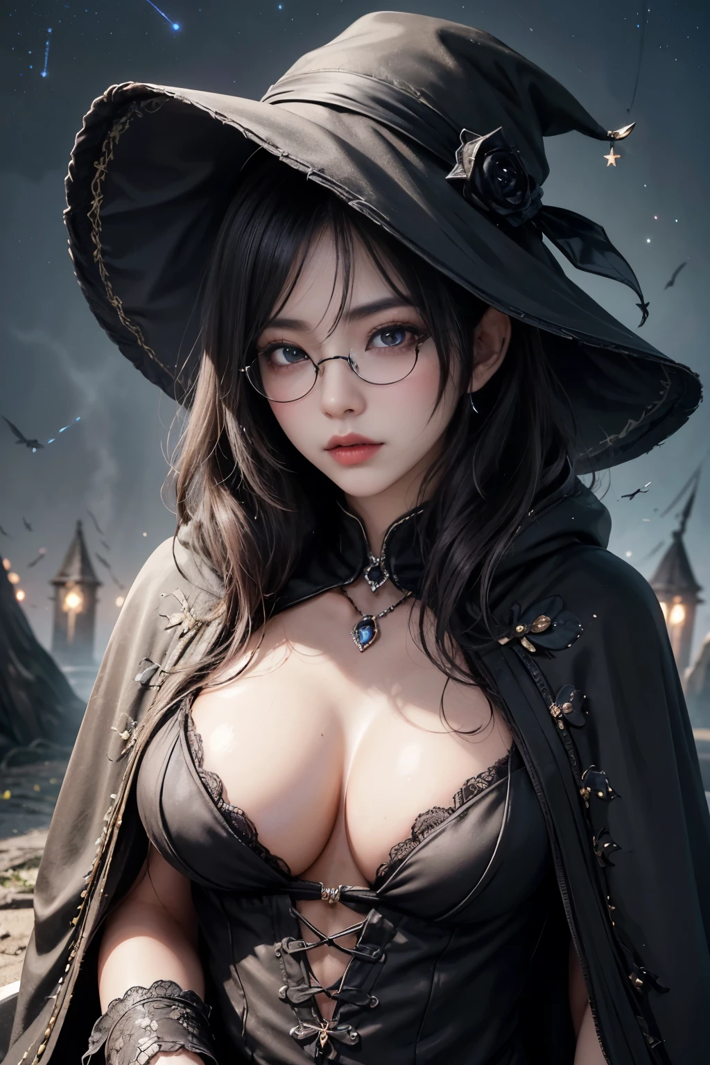 (Fatal Beauty,A charming villain,witch) ,(A supple and powerful physique),(Sensual charm),(Mysterious charm:1.1),(Captivating silhouette),((((Glasses))))、((((big sapphire necklace))))、(highest quality,High resolution:1.2),(dark,Threatening:1.1),((dark horror theme:1.5),(Thriller:1.5)),(Dark fantasy:1.5), (((Countless stars fly away:1.5),(Absurd:1.5),(wonderful:1.5))),Woman in a dress, (Powerful numbers:1.1),(((Big Breasts))),(((Muscular:1.1))), cute face, Sexy Face, , Very detailedなbeautiful女の子, (Ideal body type:1.8), Very detailed faceexpressive lips, (Very beautiful、Crisp big eyes:1.5), Fine skin., All features are shown in detail., The outline of the fingers is beautifully drawn....., The nose is precisely shaped., expressive lips, Perfect Anatomy,cute、Realistic、(Front view:1.4),(Face Focus:1.3), realistic girl rendering, 8k artistic german bokeh, Enchanting girl, Real Girls, Gurwitz, Gurwitz-style artwork, Girl Roleplay, Realistic 3D style, cgstation Popular Topics, 8K Portrait Rendering,(truth,truth:1.4),Sexy Body,( Very lean body:1.6),Sexy pose, blush, Attractive body, Very curly hair, Purple Curly Hair, very big hair, Very curly hair, prime color,Urban,Very detailed,masterpiece,Intricate details,Faded,Very detailed, Eye for details,Intricate details,Dark and spooky atmosphere, Spiritual Beings, Unforgettably beautiful, Ghostly figures, Shadow-like shape, Spooky whispers, Ominous Aura, Goth Maiden, Like dazzling fur in a starless haze,Her Mogul Snaps, Mysterious Cemetery,Black hair swaying in the moonlight, She summons darkness, (beautiful: 1.7), (Black Hat: 1.6), (An intricately decorated jet-black cloak: 1.6), (Delicately decorated cloak, Despite the damage: 1.5), Hypermaximalist, Breathtaking oil paintings, Surreal, Ultra-realistic digital illustrations that mimic the style of oil paintings, Wonderful configuration, (Shining Eyes:1.6)、(Glowing Eyes:1.1),(hellish landscape:1.1),(fire,sulfur:1.1),(Threatening atmosphere:1.1),(dark shadows,Threatening pre