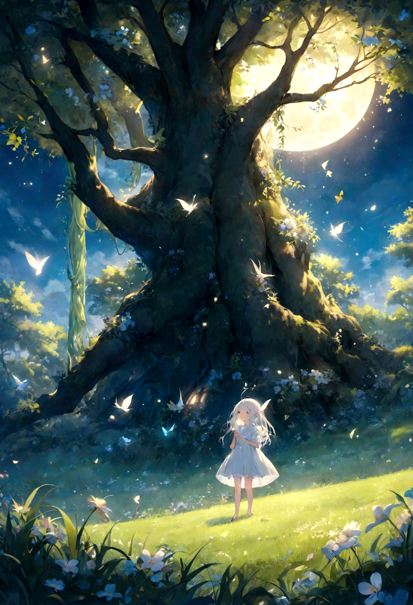 There is a girl in，Silvery white moonlight sprinkles on the ground，Crickets chirping everywhere。 The smell of night fills the air，Weaving into a soft web，Cover all the scenery inside。 The only thing that comes into contact with the eyes is the soft net covering the，Benevolence is grass，Kindness is a tree，It&#39;s not as realistic as daytime，They all have a sense of ambiguity、Ethereal colors，Each one has hidden subtleties，Keep everything confidential，Makes you feel like a dream。