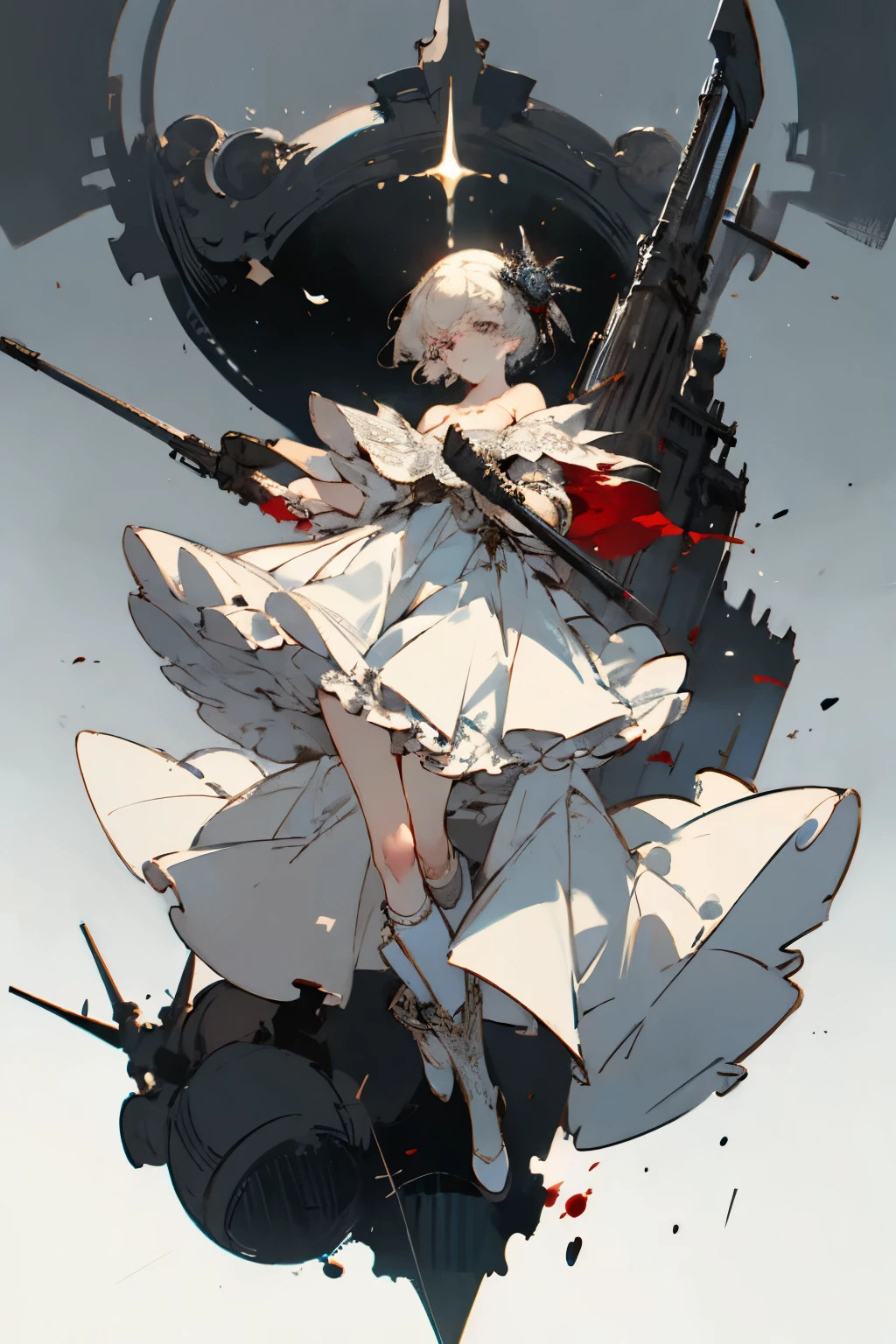 ((best quality)), ((masterpiece)), (detailed), 1girl, off-shoulder, blank white background, plain background, white background, red and white clothing, Bloodborne aesthetic, Bloodborne inspired,  occult aesthetic, occult, detailed and intricate steampunk and detailed gothic, NSFW, Very dramatic and cinematic lighting, cosmic horror, grim-dark, side-lighting, perfect face, NSFW, Fluttering lace flared long knee length dress with frilly petticoats, knee length dress, pleated petticoats, petticoats gothic, complex lace boots, side-lighting, gothic aesthetic, wielding a mighty sword with mechanical components, carbine, NSFW, beautiful small breasts, small breasts, full body, whole body, body, plain background, white background, blank background, no background, white background NSFW, full body, whole body, head-to-toe NSFW, 