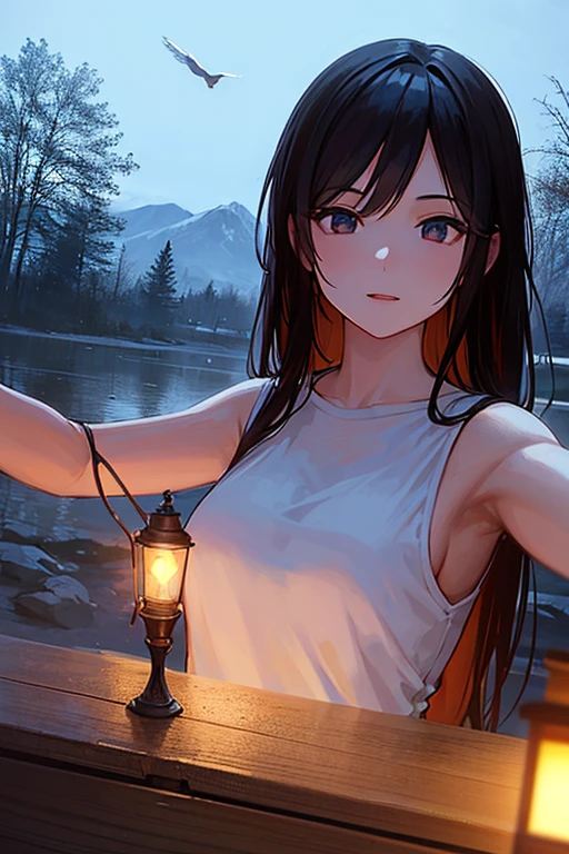 1 beautiful young asian woman and a hummingbird kissing her cheek ((upper body selfie, happy)), masterpiece, best quality, ultra-detailed, ground, outdoor, (night), mountains, nature, (stars, moon) cheerful, happy, forest, stones, river, wood, smoke, shadows, contrast, clear sky, style, (warm tone, warm tone): 1.2), close-up, cinematic light, side lighting, ultra high resolution, best shadow, RAW, upper body, realistic style