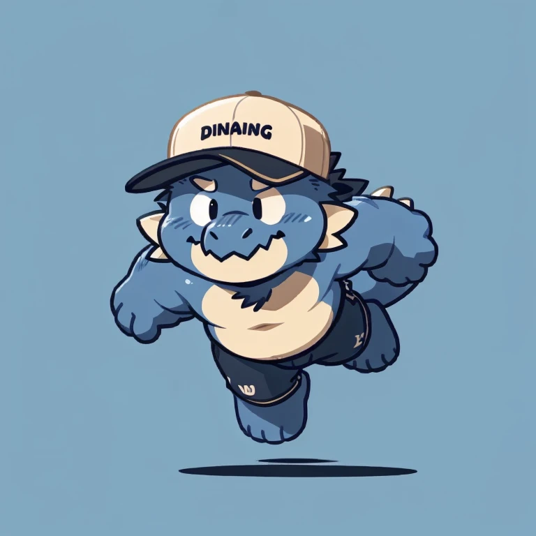 dragon face,Cute face,Humanity(dragon), (cap, running) ,(Sideways, sidled), Chubby,(white eyebrows:1.1),(perfect black eyes),Simple background, Blue Background,print style。(Artist:Takemoto Arashi