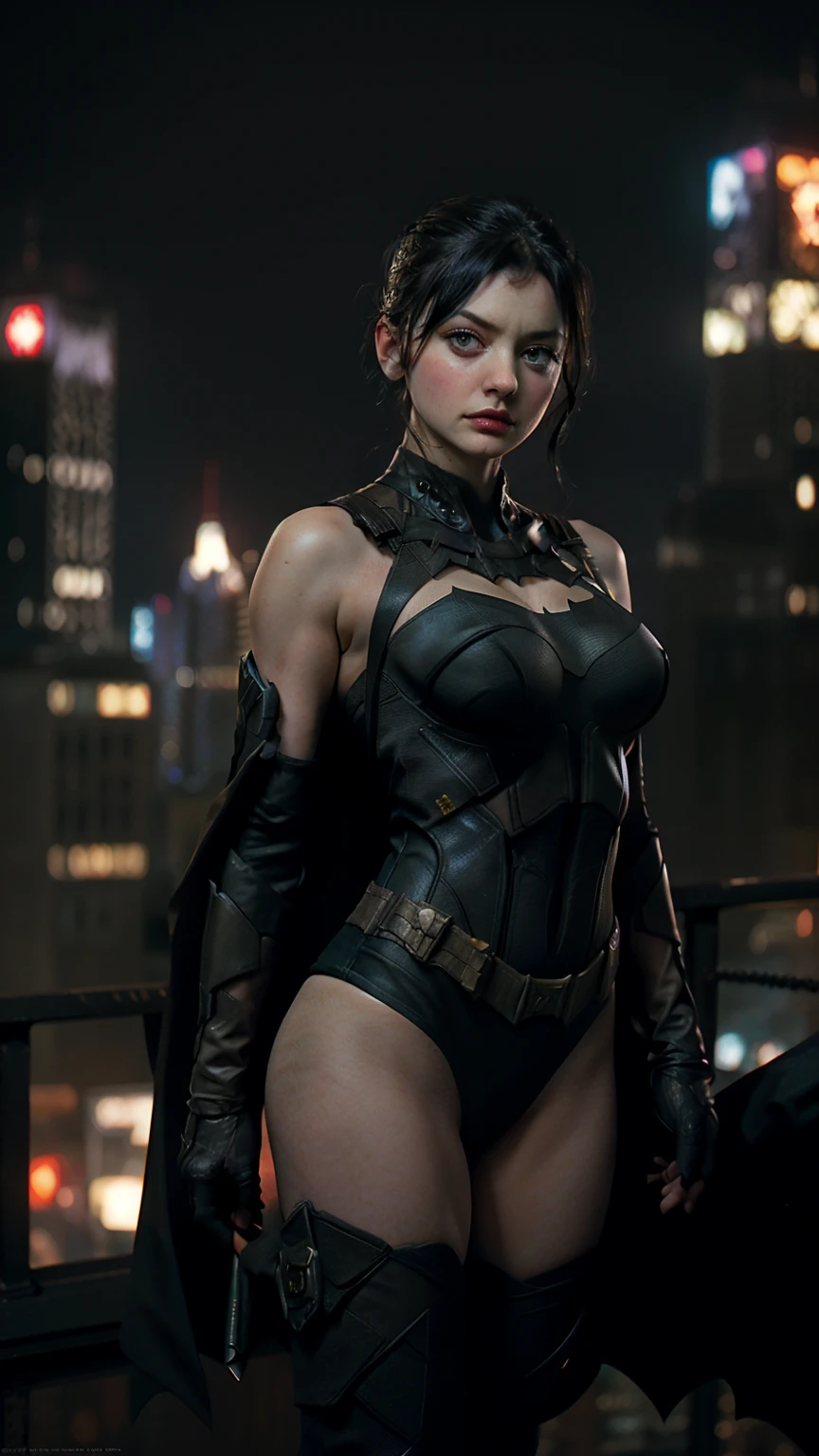 ((masterpiece, highest quality, High resolution, Realistic, to be born, 8k wallpaper)),Standing in a bikini, (Standing in Honor　shot）,Facing the camera in a threatening pose, Very hot and sexy, Amazing beauty, Perfect balance, Beautiful body, Slim body beauty: 1.4), Batman standing on a rooftop overlooking the city skyline at night, Gotham city background, nighttime in Gotham city, Gotham city, From the movie Batman, Gotham city double exposure, Gotham city style, Batman film still, metropolis filmic Gotham city, Cyberpunk Batman, Batman movie stills, Batman movie still cinematic, Gotham setting, Batman, Gotham,
