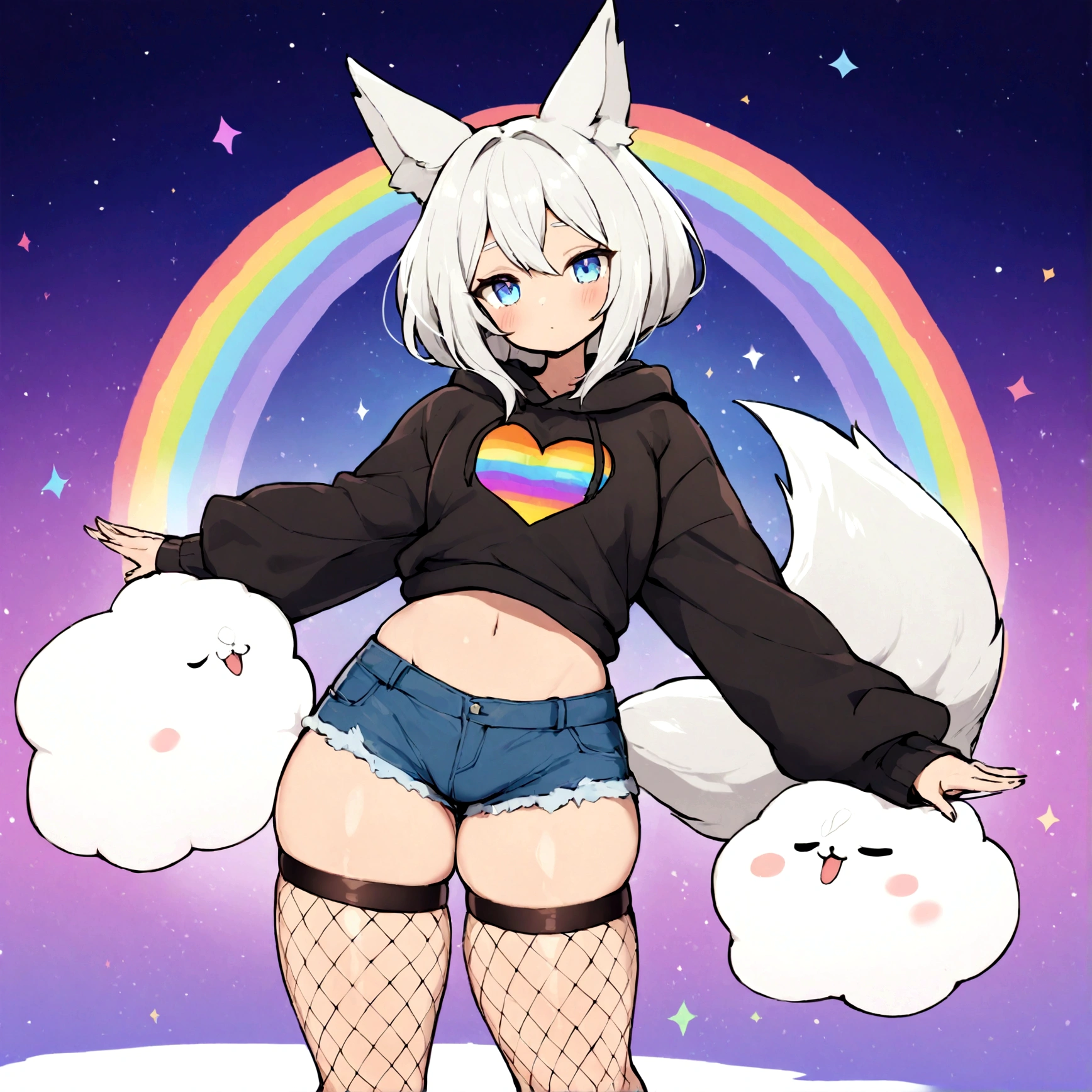 a cute adult male with wolf ears,long white hair with long locks, has a wolf tail, wearing a loose cropped oversized black hoodie, wearing a pair of denim short shorts and thigh high fishnet stockings, thick thighs, wide hips, relaxing on mound of fluffy multi colored kawaii plushies, short, very slim, showing slender tummy, stretching out, heart on hoodie, squishy thighs, has glowing blue eyes. alone, solo (ALONE)(SOLO), surrounded by rainbows, colorful galaxy backround, nice butt