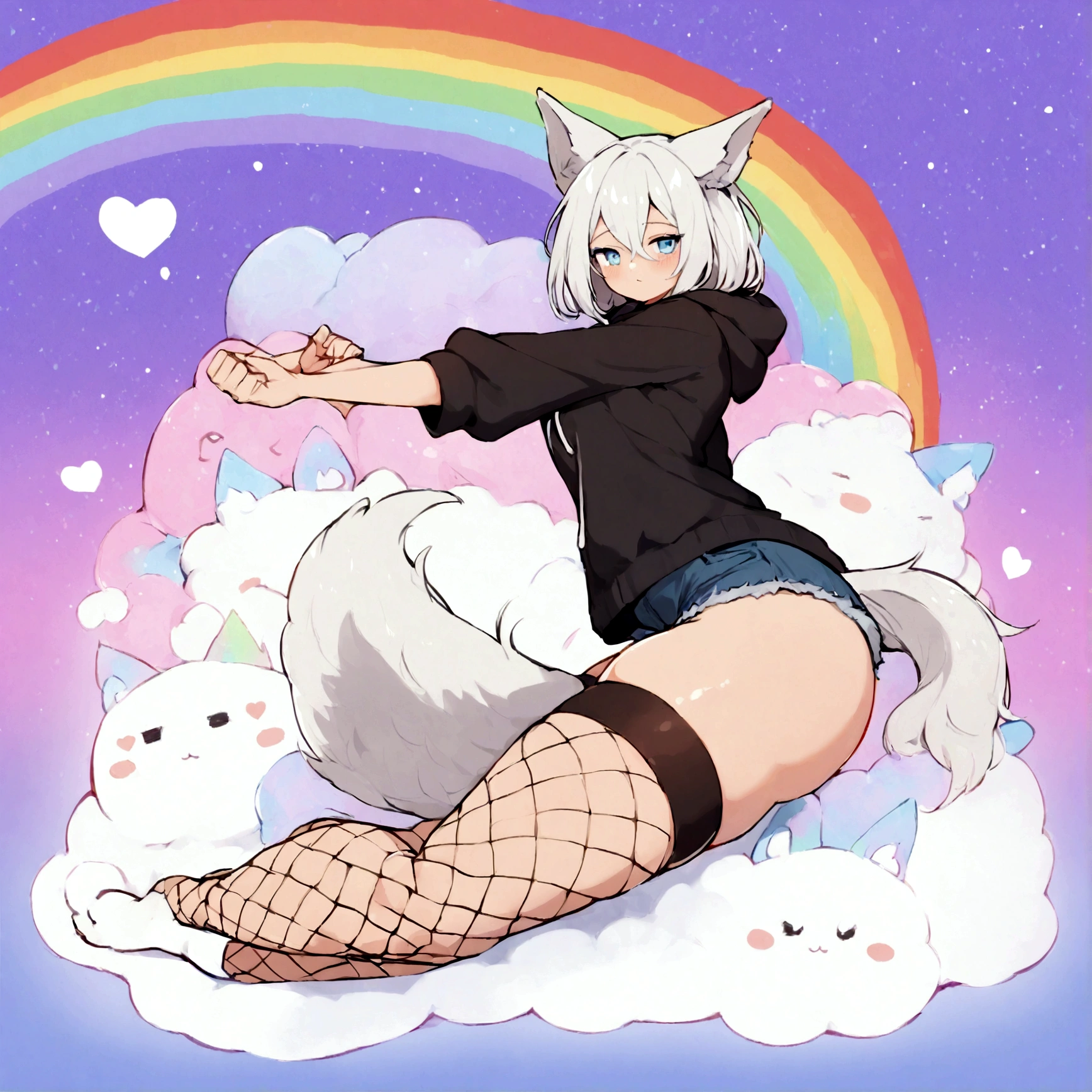 a cute adult male with wolf ears,long white hair with long locks, has a wolf tail, wearing a loose cropped oversized black hoodie, wearing a pair of denim short shorts and thigh high fishnet stockings, thick thighs, wide hips, relaxing on mound of fluffy multi colored kawaii plushies, short, very slim, showing slender tummy, stretching out, heart on hoodie, squishy thighs, has glowing blue eyes. alone, solo (ALONE)(SOLO), surrounded by rainbows, colorful galaxy backround, nice butt