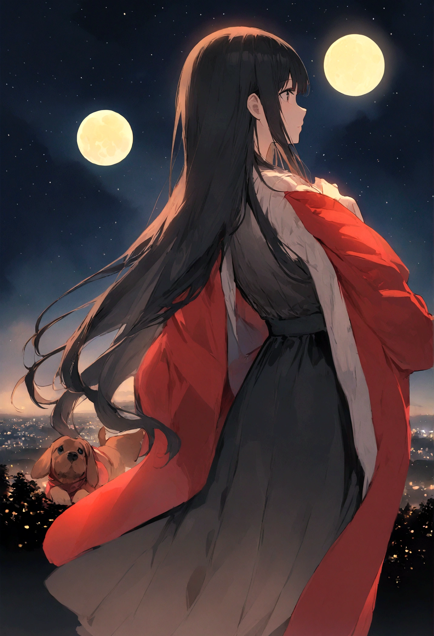Dog 1、Woman 1、Red miniature dachshund、Red miniature dachshund long hair、dog'color is red、woman with very long black hair、Spectacular views、Night Scene、The view from the top of the hill、Full moon night sky、swirling starry sky、8K、Best Quality、詳しいdogの顔、The woman is facing the opposite direction、Ria、I can't see a woman's face、The whole body is in the photo、Like the night view of Tokyo、