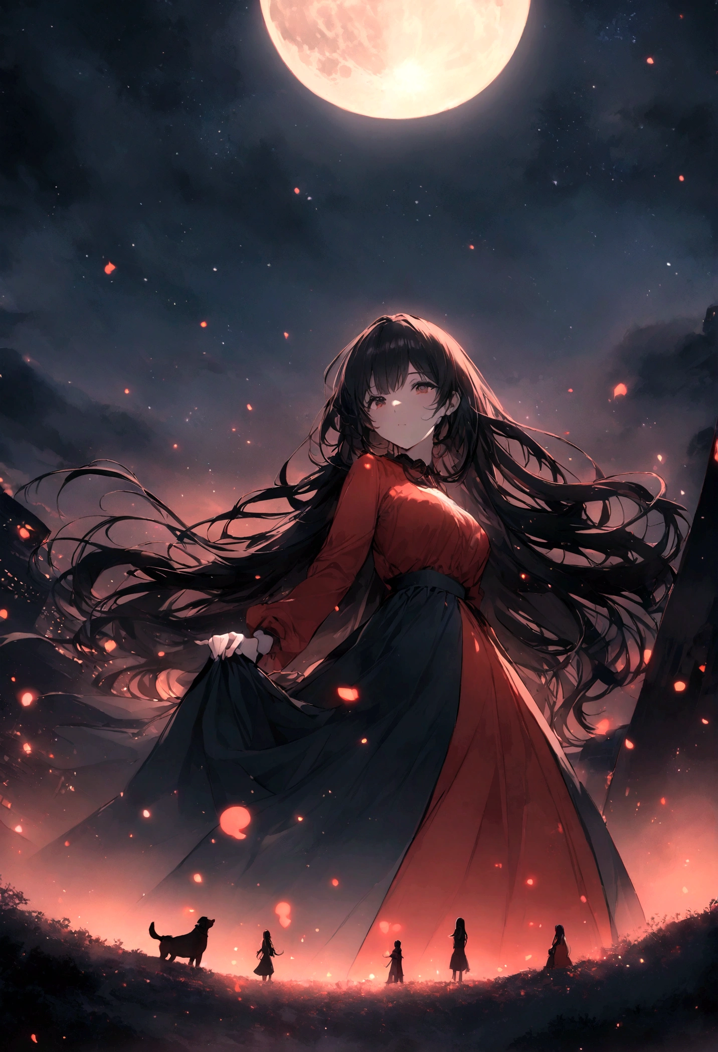 Dog 1、Woman 1、Red miniature dachshund、Red miniature dachshund long hair、dog'color is red、woman with very long black hair、Spectacular views、Night Scene、The view from the top of the hill、Full moon night sky、swirling starry sky、8K、Best Quality、詳しいdogの顔、The woman is facing the opposite direction、Ria、I can't see a woman's face、The whole body is in the photo、Like the night view of Tokyo、