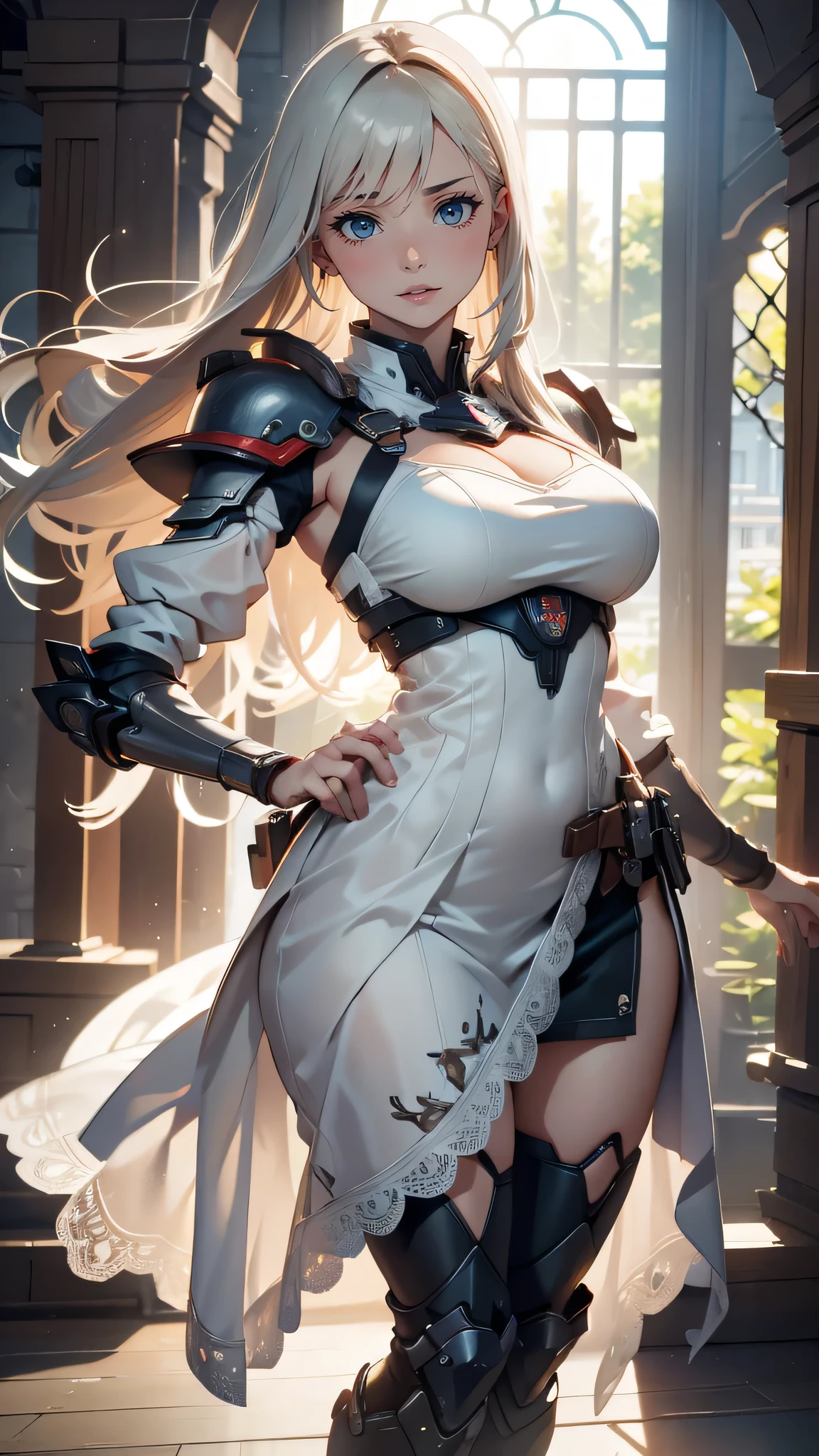 (dynamic fighting pose),(leather boots,(asymmetrical mecha armor),(long embroidered white lace dress,see through,lift up the hem of the dress)),(random hairstyle),(Thin type:1.5),(large breasts:1.5),(Highest image quality,(8K), Ultra-realistic, Best Quality, High quality, High Definition, high quality texture, high detailing, Beautiful detailed, fine detailed, extremely details CG, Detailed texture, realistic representation of face, masterpiece, presence)