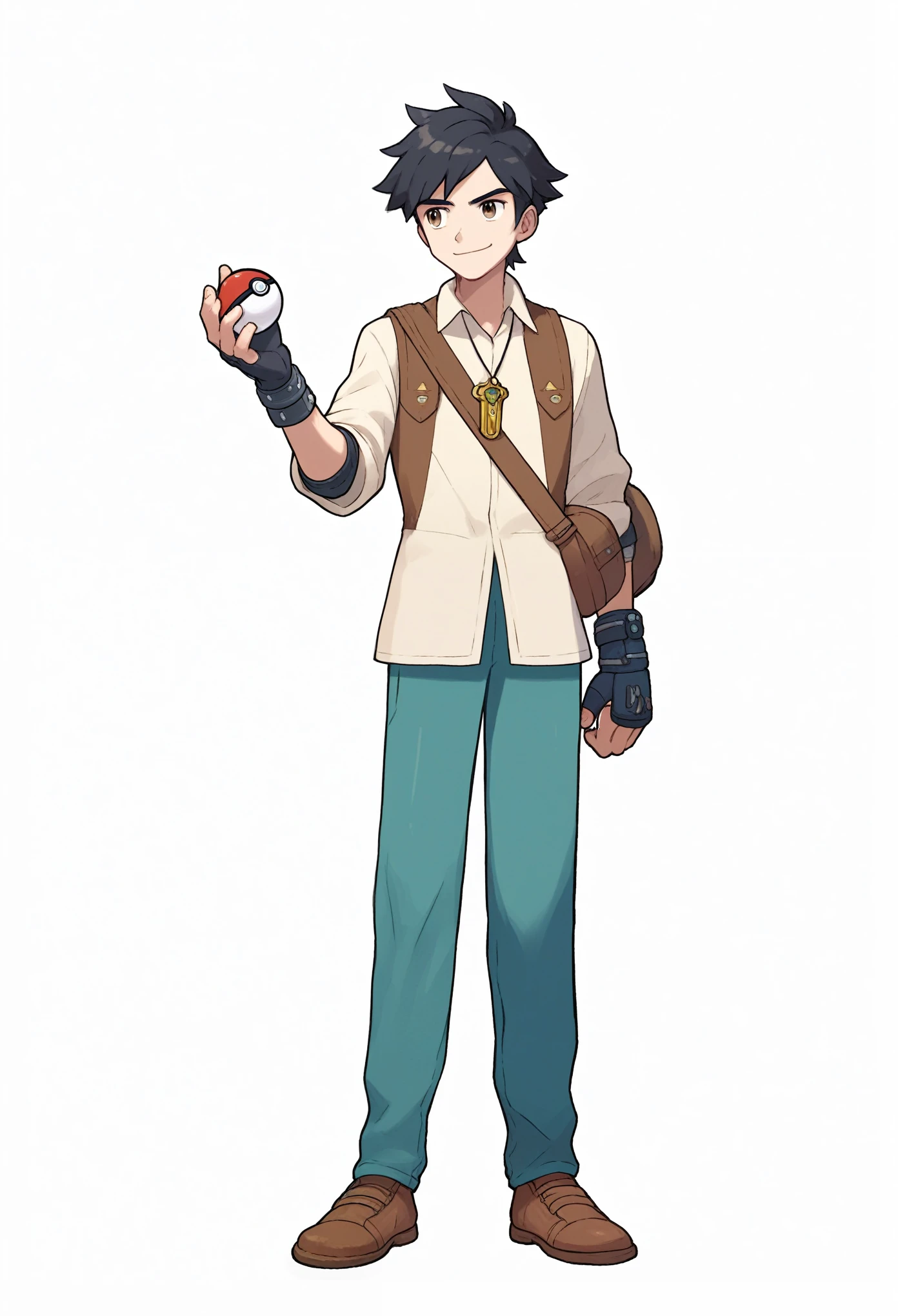 ((((white background)))), simple background, watercolor, 1 boy, standing, short hair, a flyaway, black hair, light skin, brown eyes, smug, front view, sturdy travel pants, light tunic brightly colored, a leather gauntlet, brown shoes, holding a pokeball, score_9, score_8_up, score_7_up, pendant, score_6_up, score_5_up, score_4_up, BREAK anime_source, masterpiece