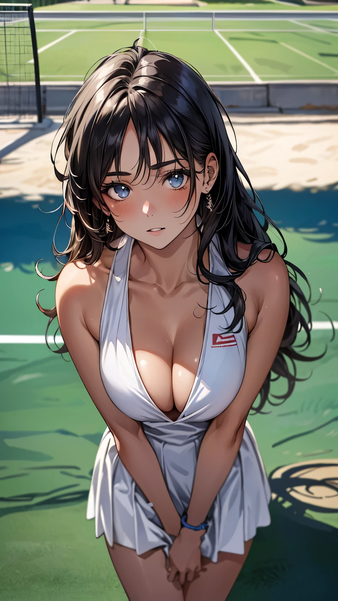 (masterpiece:1.3, top-quality, ultra high res, ultra detailed), (realistic, photorealistic:1.4), beautiful illustration, perfect lighting, natural lighting, colorful, depth of fields, nsfw, vulgality,
beautiful detailed hair, extremely detailed face, beautiful detailed eyes, beautiful clavicle, beautiful body, beautiful chest, beautiful thigh, beautiful legs, beautiful fingers,
looking at viewer, (from above), 1 girl, , (perfect anatomy, anatomically correct, super detailed skin), cute and symmetrical face, perfect face, perfect eyes, perfect body, perfect fingers, (very tanned shiny skin), (skindentation), shiny skin,
(long hair, straight hair, messy hair:0.6, black hair), swept bangs, blue eyes, drooping eyes, long eyelashes, (large breasts, large hip, seductive thighs), slender, outstanding style,
80's white tennis costume, blue tennis wristbands,
(beautiful scenery), daytime, (tennis court:1.2), standing, (wince, panicking, parted lips),
