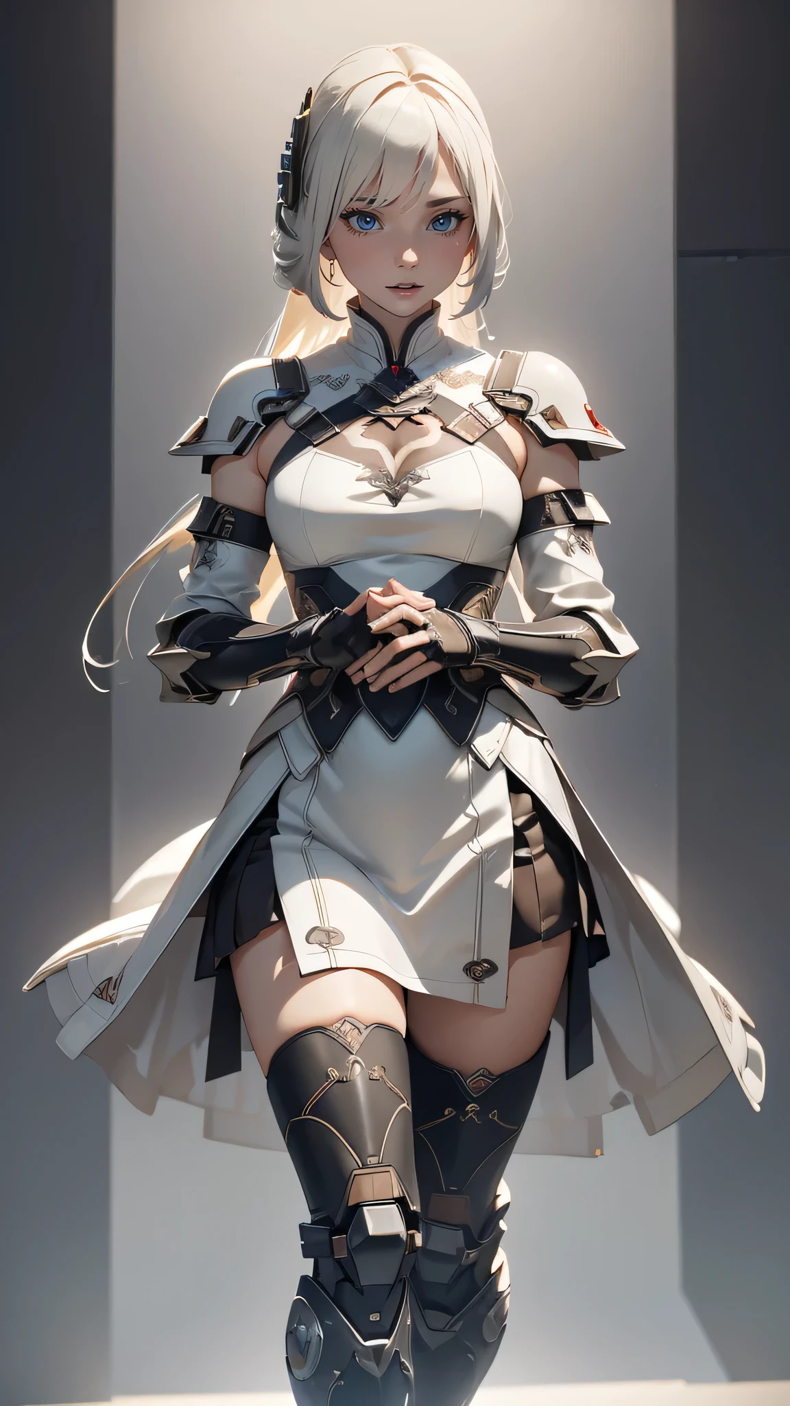 (dynamic fighting pose),(leather boots,(asymmetrical mecha armor),(long embroidered white lace dress,see through,lift up the hem of the dress)),(random hairstyle),(Thin type:1.8),(large breasts),(Highest image quality,(8K), Ultra-realistic, Best Quality, High quality, High Definition, high quality texture, high detailing, Beautiful detailed, fine detailed, extremely details CG, Detailed texture, realistic representation of face, masterpiece, presence)