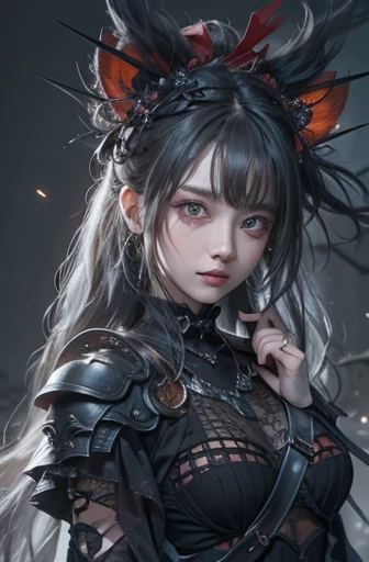 highest quality、8k、masterpiece：1.3、Gothic Punk、The inner color is red、Gray Black Hair、hair ornaments、beautiful girl、creative、Dark Fantasy Style、Neogoth、Goth Fashion：1.2、High resolution、masterpiece、highest quality、頭w:1.3、((Hasselblad Photos))、Fine skin、Sharp focus、(Cinema Lighting)、Realistic textured hair, Black crow on the shoulder 
