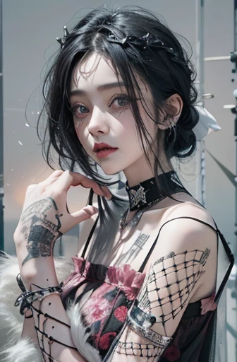 highest quality、8k、masterpiece：1.3、Gothic Punk、The inner color is red、Gray Black Hair、hair ornaments、beautiful girl、creative、Dark Fantasy Style、Neogoth、Goth Fashion：1.2、High resolution、masterpiece、highest quality、頭w:1.3、((Hasselblad Photos))、Fine skin、Sharp focus、(Cinema Lighting)、Realistic textured hair, Black crow on the shoulder 