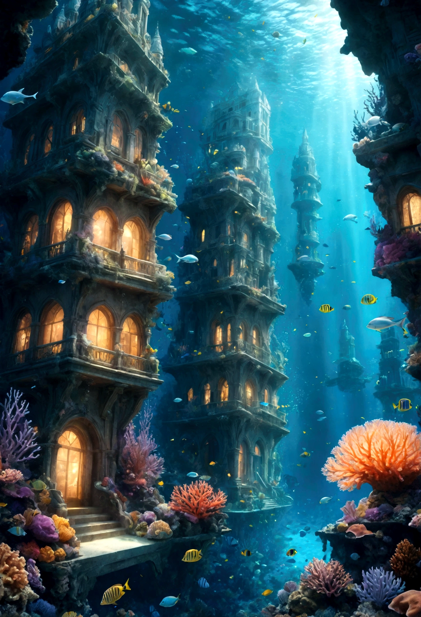 A photorealistic underwater city with glowing corals and exotic sea creatures swimming around the crystal buildings, illuminée par une lumière douce filtrée par l'eau.