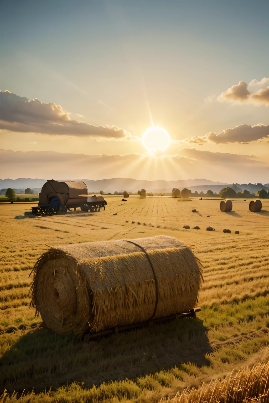 a bale of hay in a rural texas farm fiel IN THE OLD TIME warm afternoon sunlight, long shadows, golden wheat field, rolling hills, blue cloudy sky, photorealistic, cinematic lighting, vibrant colors, highly detailed, 8k