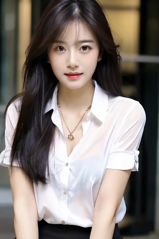 ((best quality)), ((masterpiece)), (detailed), 1girl , beautiful straight black long hair , seductive gaze , perfect body , standing position , sexy poses , unbutton white collar shirts  , luxury necklace , luxury bracelets , office background , revealing torso