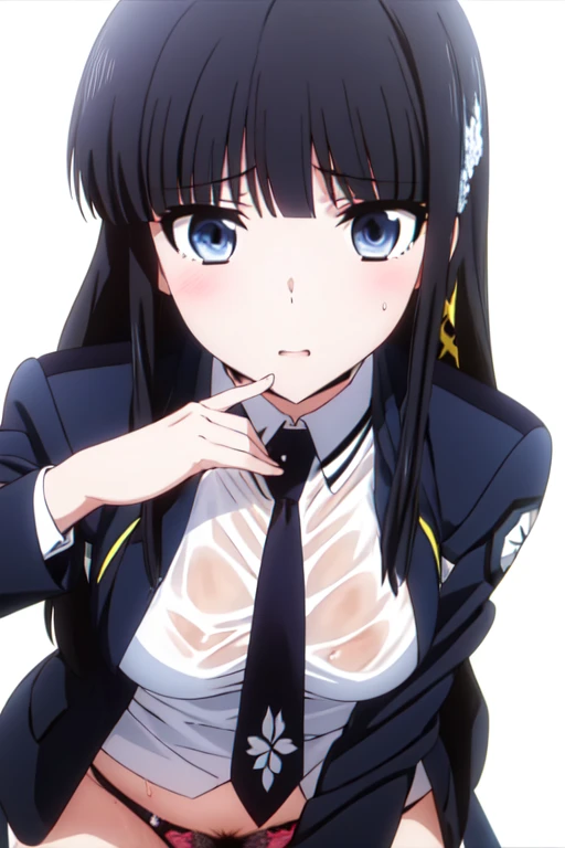 alone, One girl, View Viewer, 2D, anime, anime coloring, Upper Body, (White background:1.3), Miyuki Shiba, , Jacket, tie, View Viewer, Masturbation，orgasm，Masturbation，Love juice，Climax，(( 指で膣を触ってMasturbationする))，Pussy juice,chest,Fingering,Wet Panties,Pussy juice stain,Put your hands in your panties,Squirting、Squirting、Squirting、