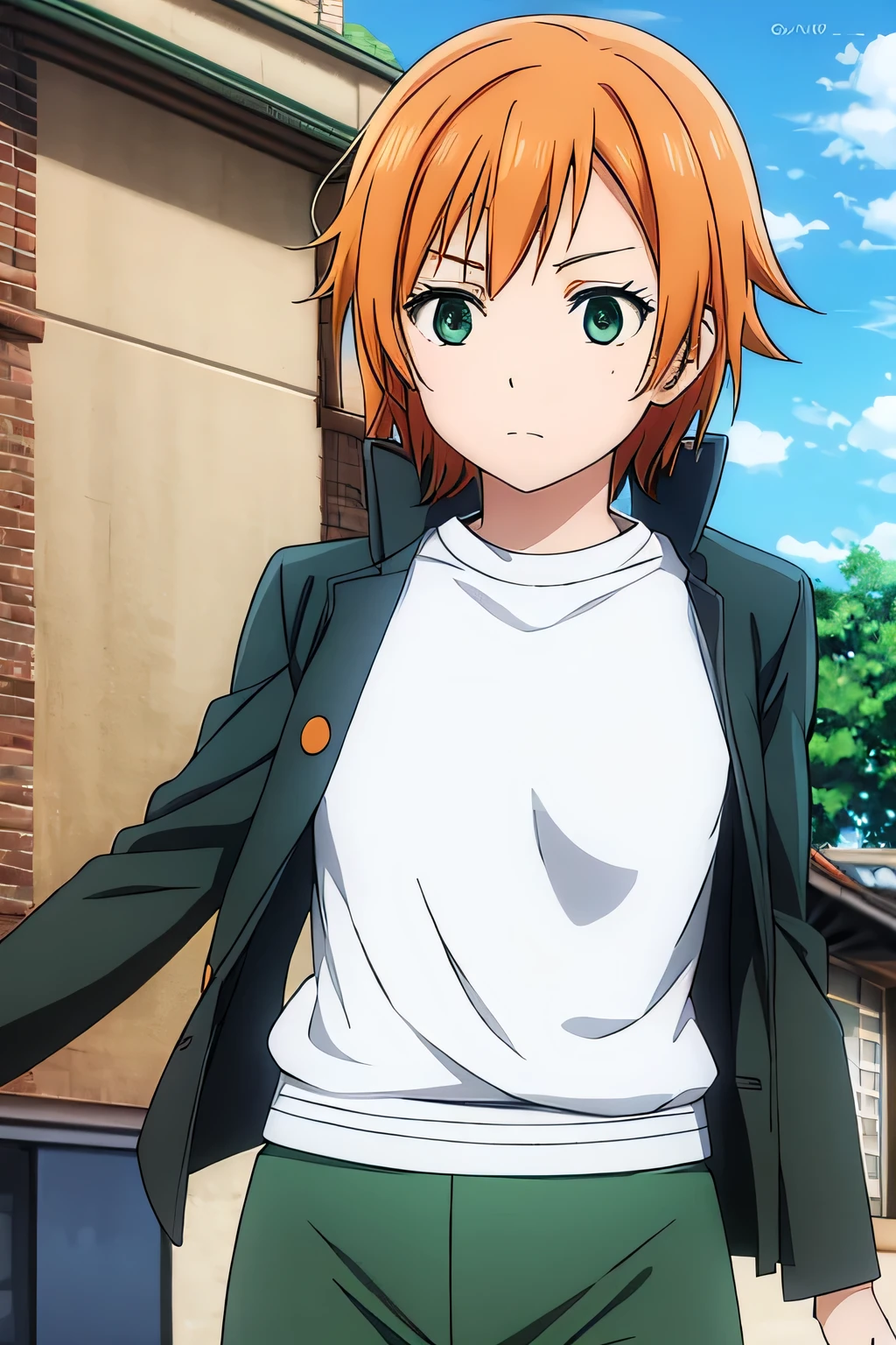 anime, detailed,short orange hair, green eyes, dark green pants, his gray gakuran uniform 