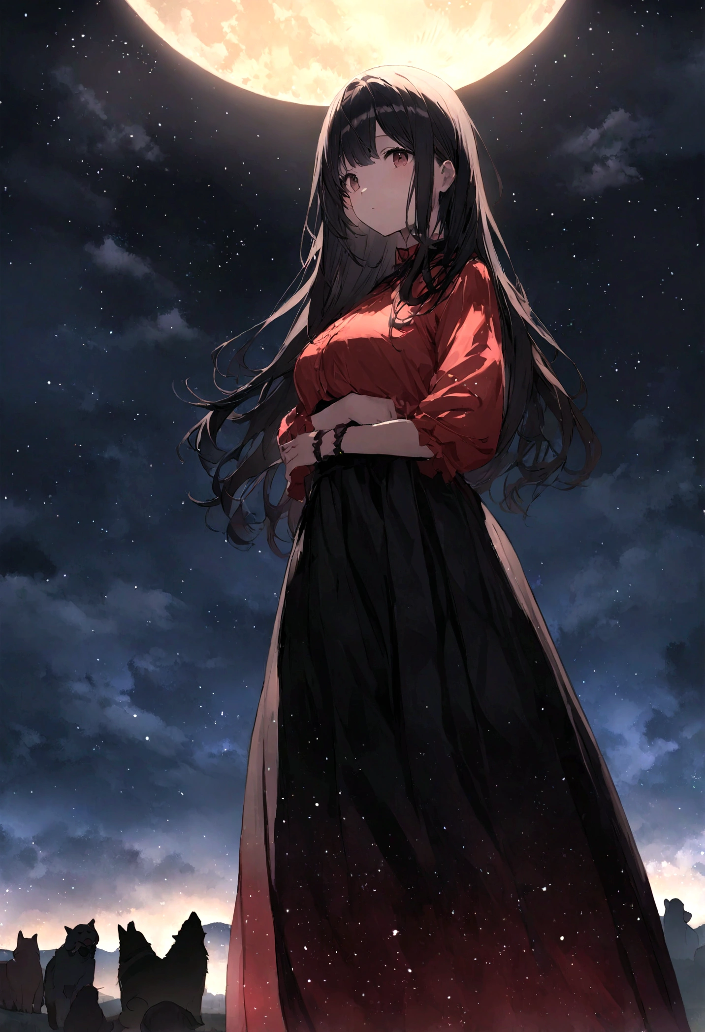 Dog 1、Woman 1、Red miniature dachshund、Red miniature dachshund long hair、dog'color is red、woman with very long black hair、Spectacular views、Night Scene、The view from the top of the hill、Full moon night sky、swirling starry sky、8K、Best Quality、詳しいdogの顔、The woman is facing the opposite direction、Ria、I can't see a woman's face、The whole body is in the photo、Like the night view of Tokyo、
