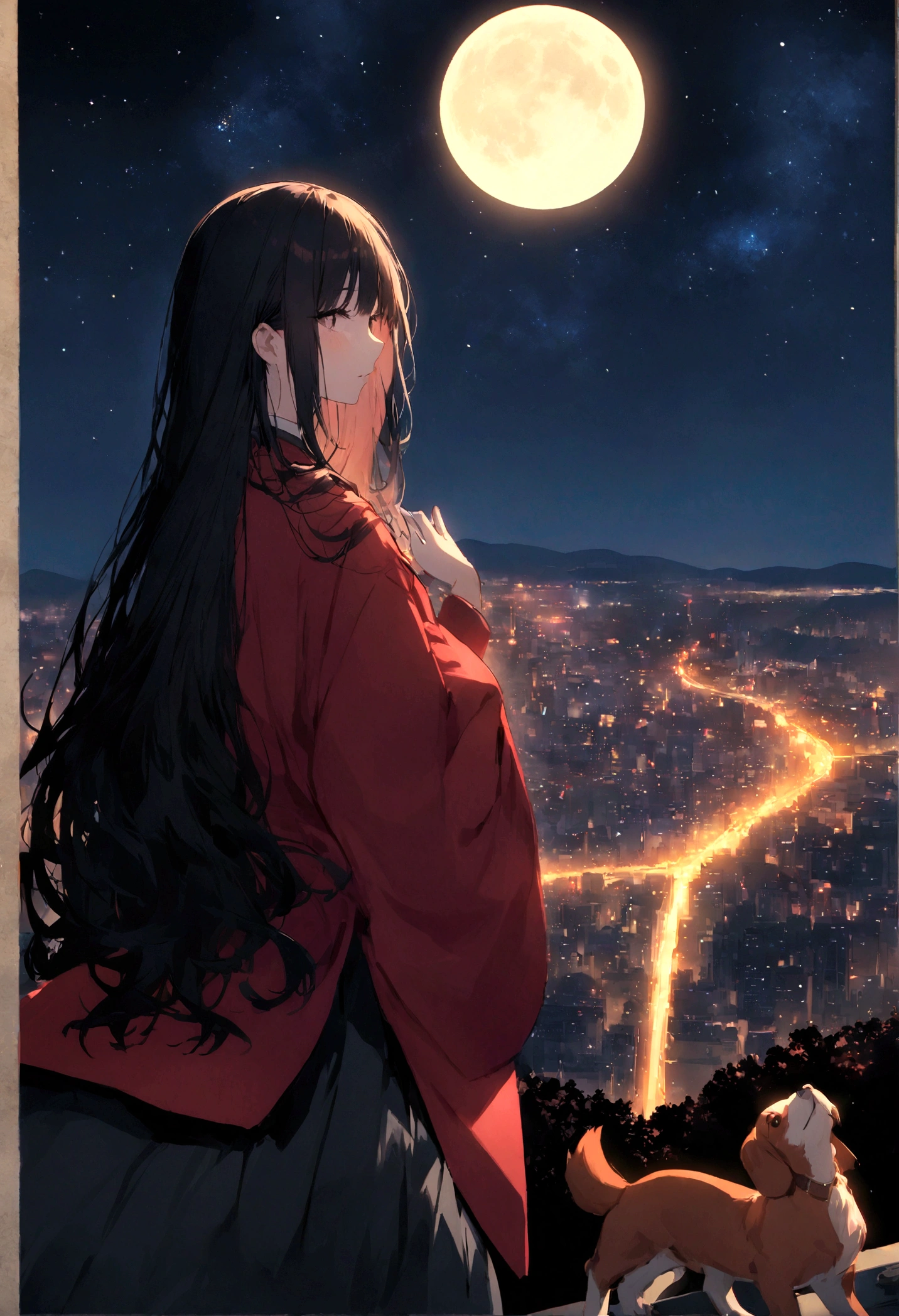 Dog 1、Woman 1、Red miniature dachshund、Red miniature dachshund long hair、dog'color is red、woman with very long black hair、Spectacular views、Night Scene、The view from the top of the hill、Full moon night sky、swirling starry sky、8K、Best Quality、詳しいdogの顔、The woman is facing the opposite direction、Ria、I can't see a woman's face、The whole body is in the photo、Like the night view of Tokyo、