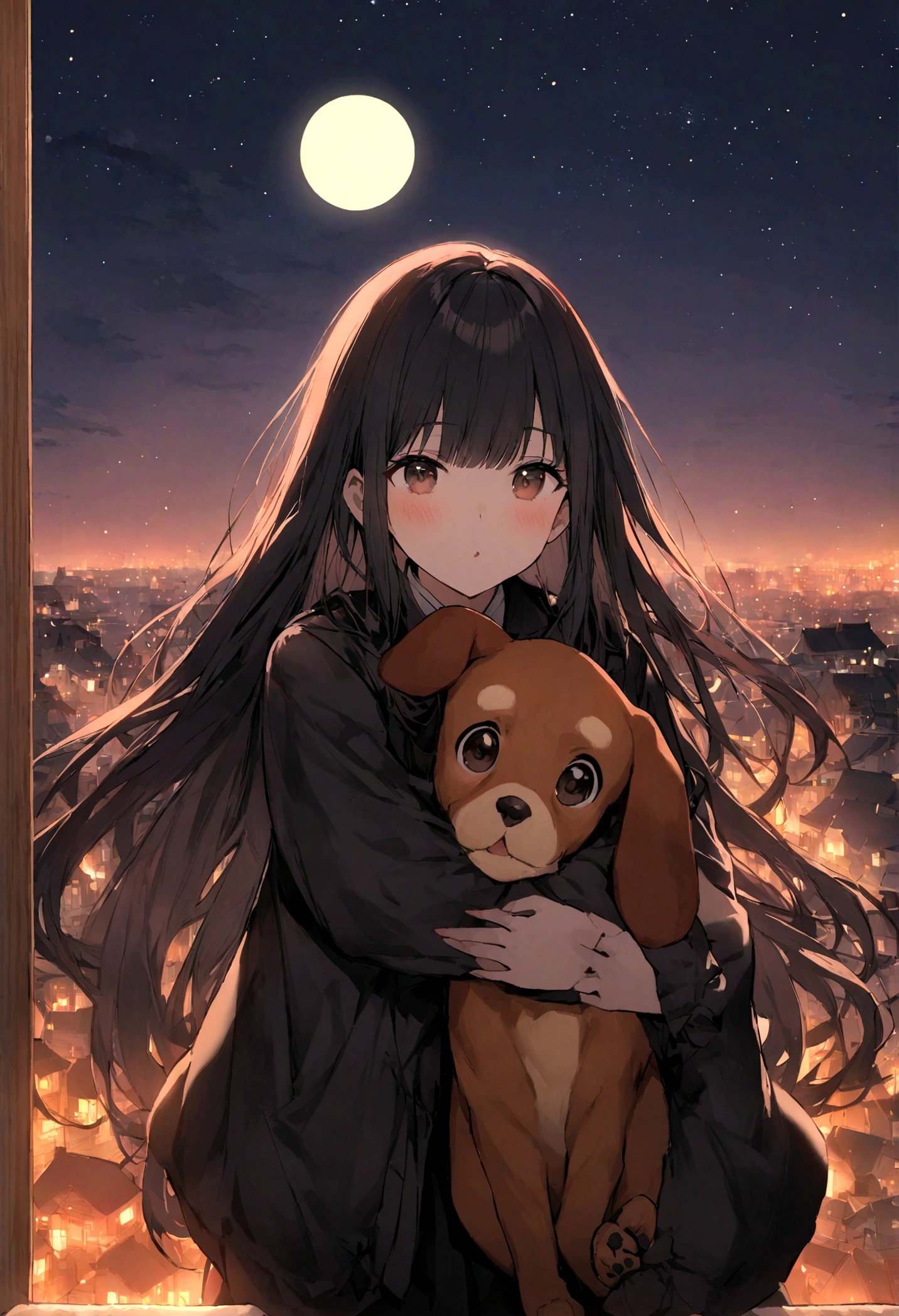 Dog 1、Woman 1、Red miniature dachshund、Red miniature dachshund long hair、dog'color is red、woman with very long black hair、Spectacular views、Night Scene、The view from the top of the hill、Full moon night sky、swirling starry sky、8K、Best Quality、詳しいdogの顔、The woman is facing the opposite direction、Ria、I can't see a woman's face、The whole body is in the photo、Like the night view of Tokyo、