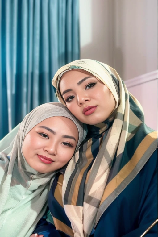Half body portrait of a 33 years old malay woman sit in front of giant mirror, wearing hijab, wearing transparent peach blouse with satin green slack, nipple, narrow waist, indoor shot, looking up at coffee shop sign, soft lighting, smirk face, circle bokeh , big breast, catwalk, morningtime, surrounded by a comfortable, cool atmosphere, looking at the viewer. (Skin details:1.3), hairy hands, Hijab, slim, red lips, seductive with bokeh camera background