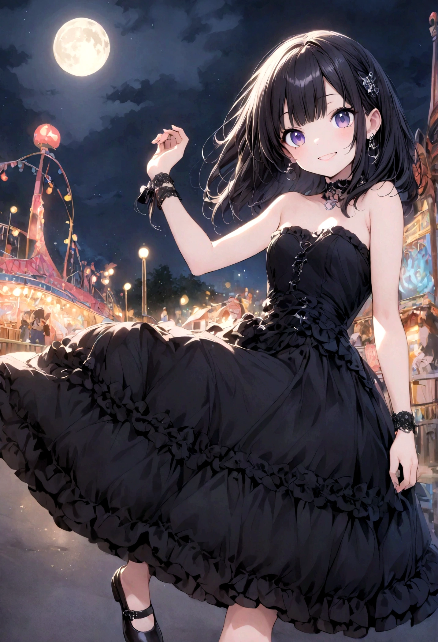 a gothic girl smiling, black hair, hair accessories, choke, wristbands, silver earrings, (strapless_dress), (round toe) mary_janes, night scene, amusement park at night, full moon at background