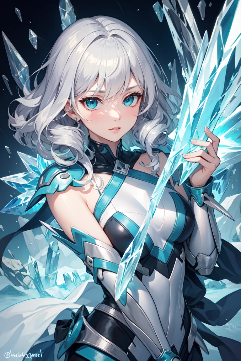 ((best quality)), ((masterpiece)), (detailed), 1girl, curly hair, silver hair, crystal eyes, Curly Silver hair, shoulder-length hair, icy aqua eye, knight woman, powerful being, ice, dual knife