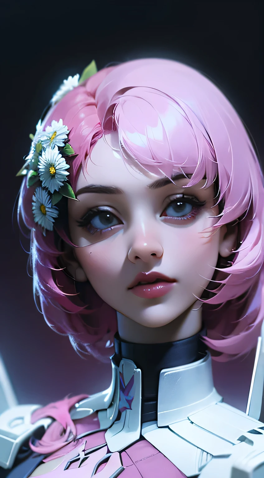 Alisa bosconovitch, mechanical wings, olhos verdes, personagem, female, mulher, game personagem, tekken, Videogame, cabelo rosa, cabelo multicolorido, cabelo curto, Flower on head, serious, sorriso sedutor, risonho, Excitado, olhos gradientes, anime, anime, cinematic lighting, sombra projetada, Luz brilhante, linhas de movimento, f/1.2, lateralmente, perspectiva, fechar-se, multiple views, UHD, alta qualidade, melhor qualidade, melhor qualidade