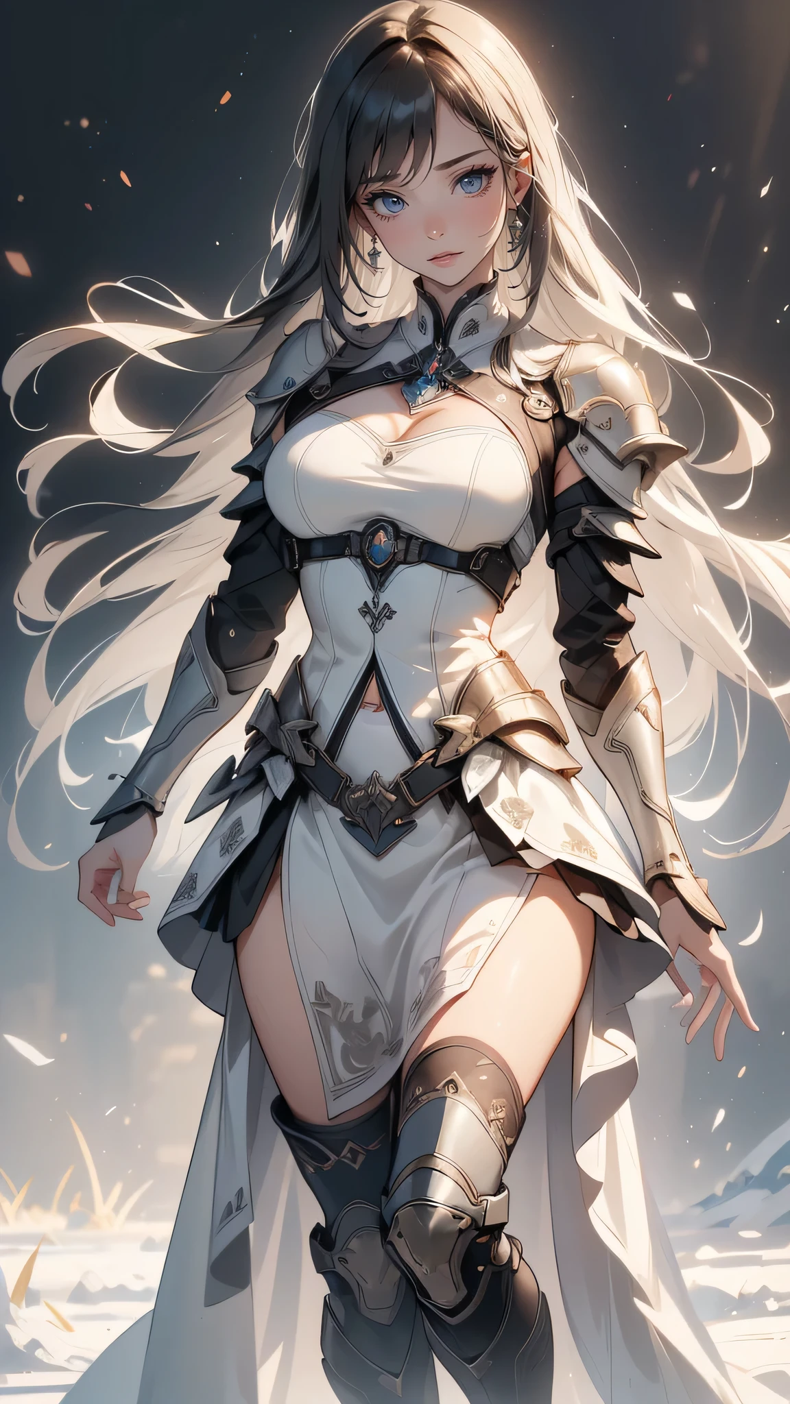 (dynamic fighting pose),(leather boots,(asymmetrical mecha armor),(long embroidered white lace dress,see through,lift up the hem of the dress)),(random hairstyle),(Thin type:1.8),(large breasts),(Highest image quality,(8K), Ultra-realistic, Best Quality, High quality, High Definition, high quality texture, high detailing, Beautiful detailed, fine detailed, extremely details CG, Detailed texture, realistic representation of face, masterpiece, presence)