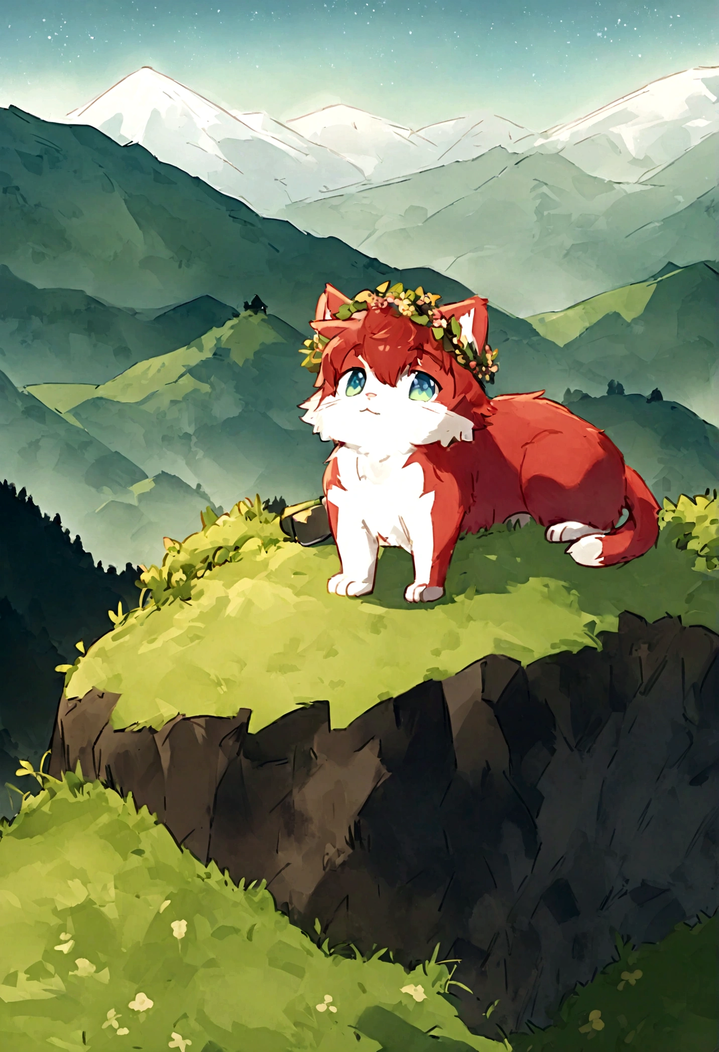 Furry Cat,red-haired in a white T-shirt and green shorts, standing on the top of a mountain with a wreath on his head, and his left paw rests on the top of the mountain. He holds a telescope with his right paw and looks into the distance, where the hills are visible, Mountains and forest.